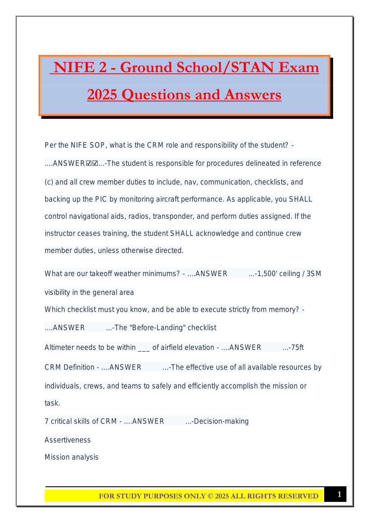 NIFE 2 - Ground School/STAN Exam 2025 Questions and Answers
