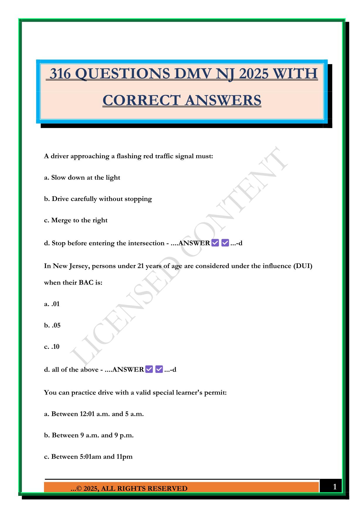 316 QUESTIONS DMV NJ 2025 WITH CORRECT ANSWERS