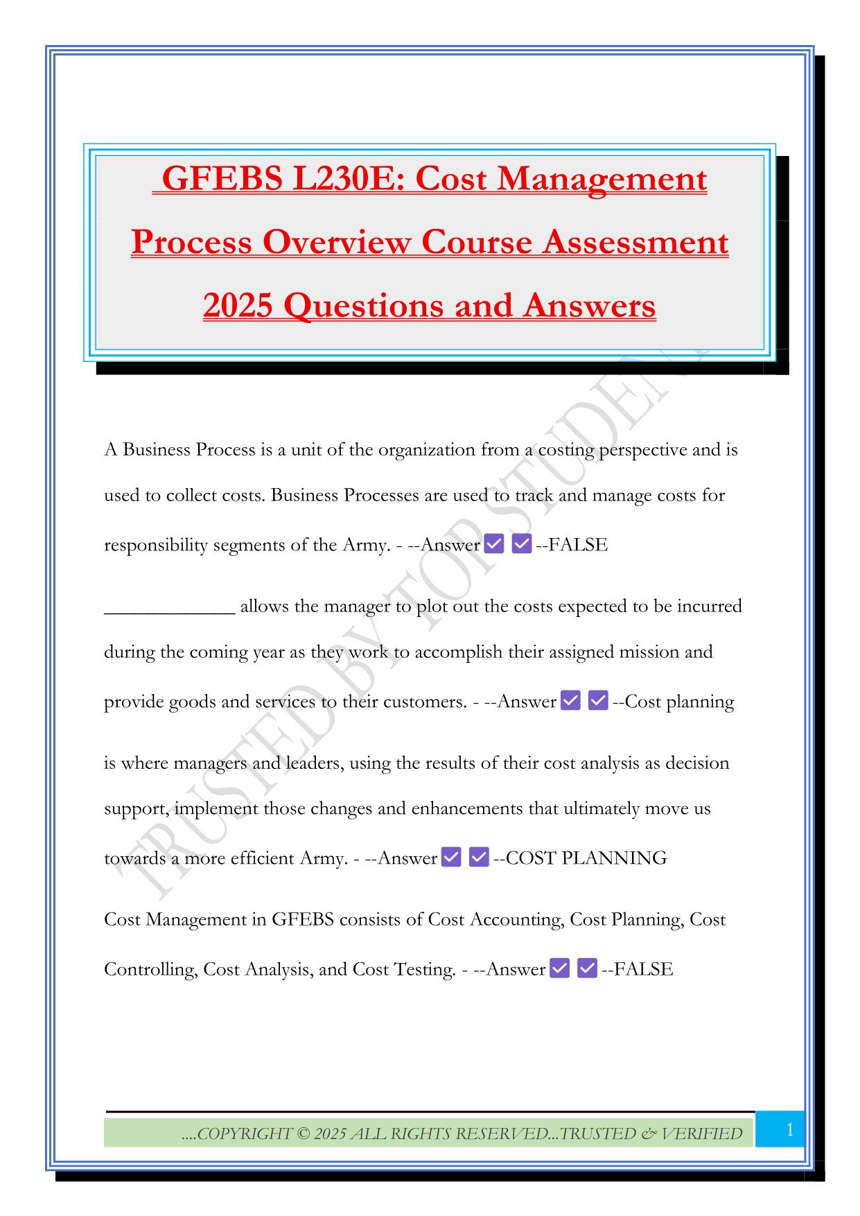 GFEBS L230E: Cost Management Process Overview Course Assessment 2025 Questions and Answers