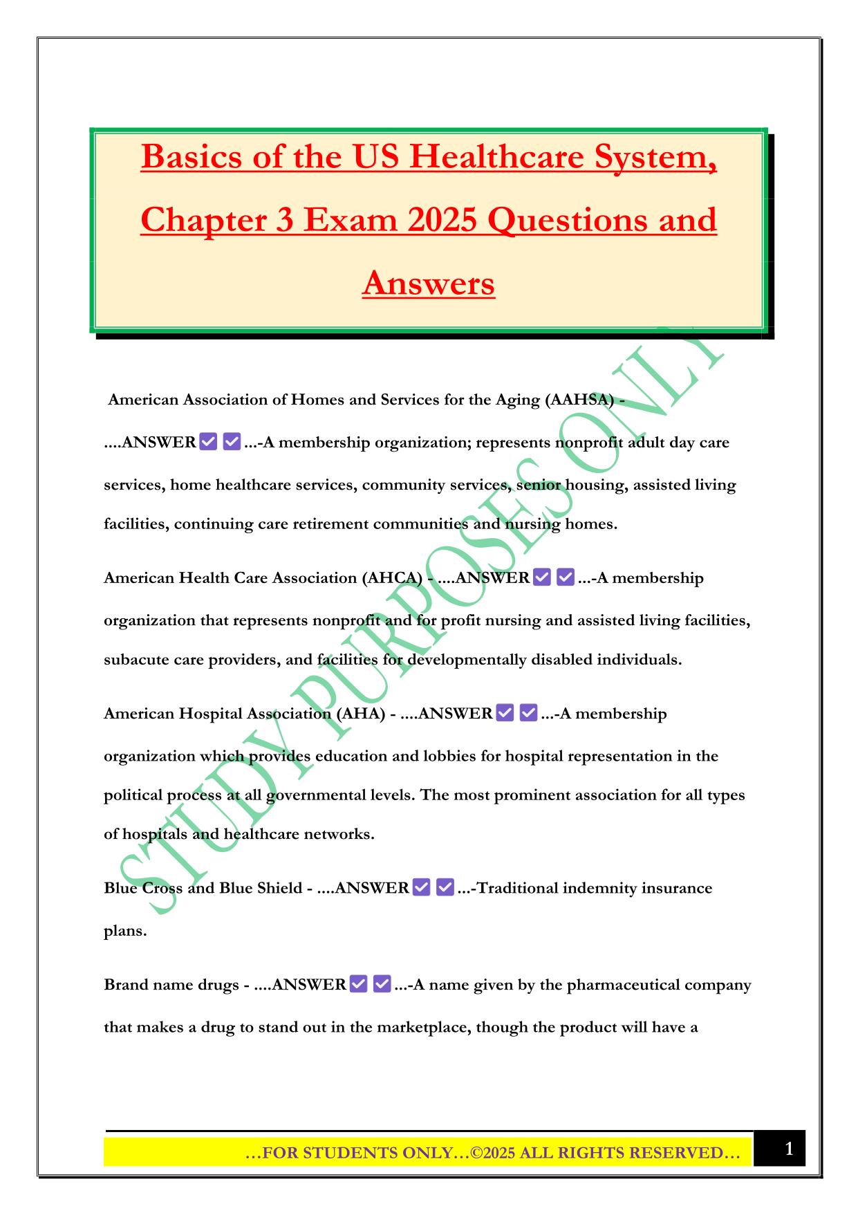 Basics of the US Healthcare System, Chapter 3 Exam 2025 Questions and Answers