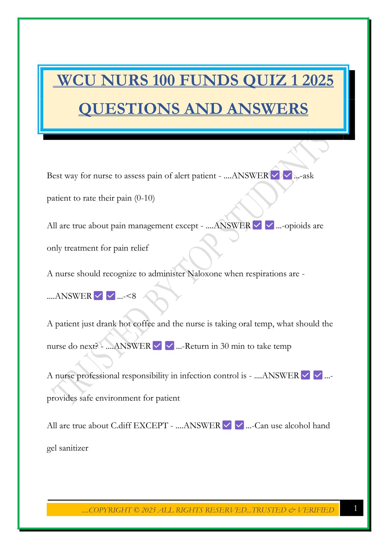 WCU NURS 100 FUNDS QUIZ 1 2025 QUESTIONS AND ANSWERS