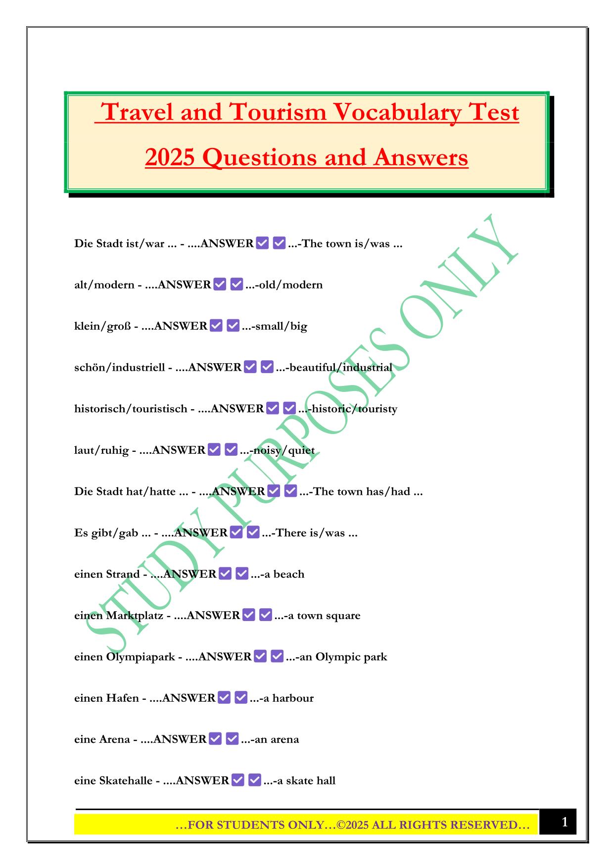 Travel and Tourism Vocabulary Test 2025 Questions and Answers