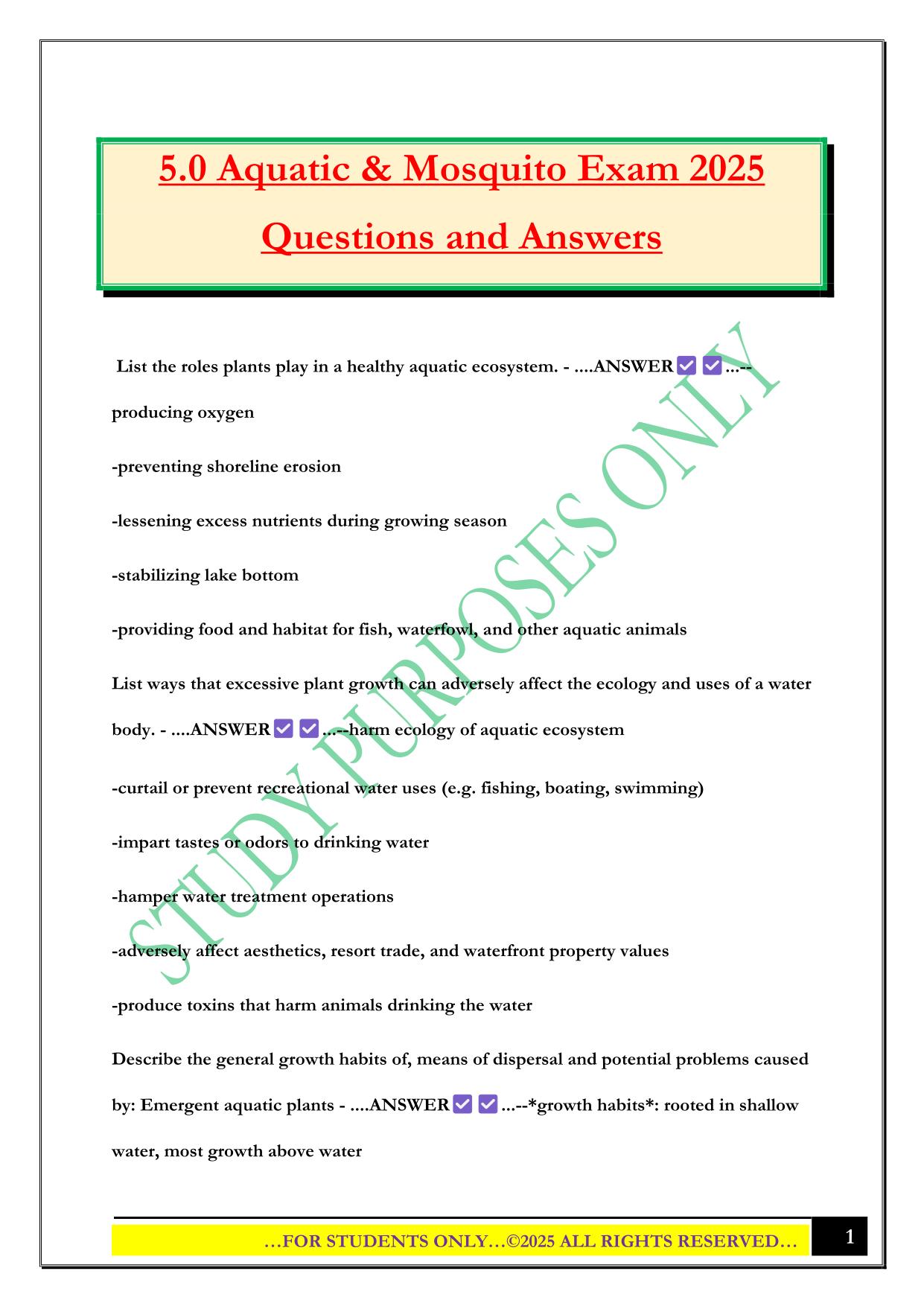 5.0 Aquatic & Mosquito Exam 2025 Questions and Answers