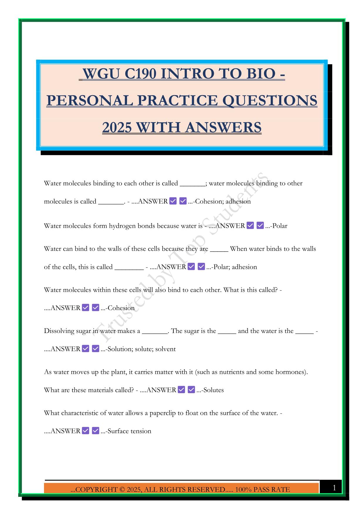 WGU C190 INTRO TO BIO - PERSONAL PRACTICE QUESTIONS 2025 WITH ANSWERS