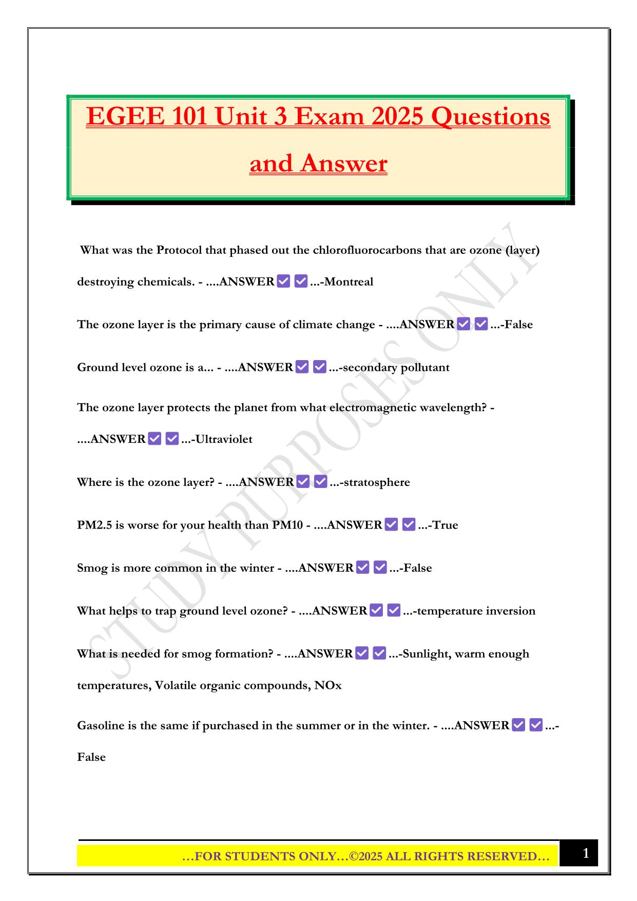 EGEE 101 Unit 3 Exam 2025 Questions and Answer