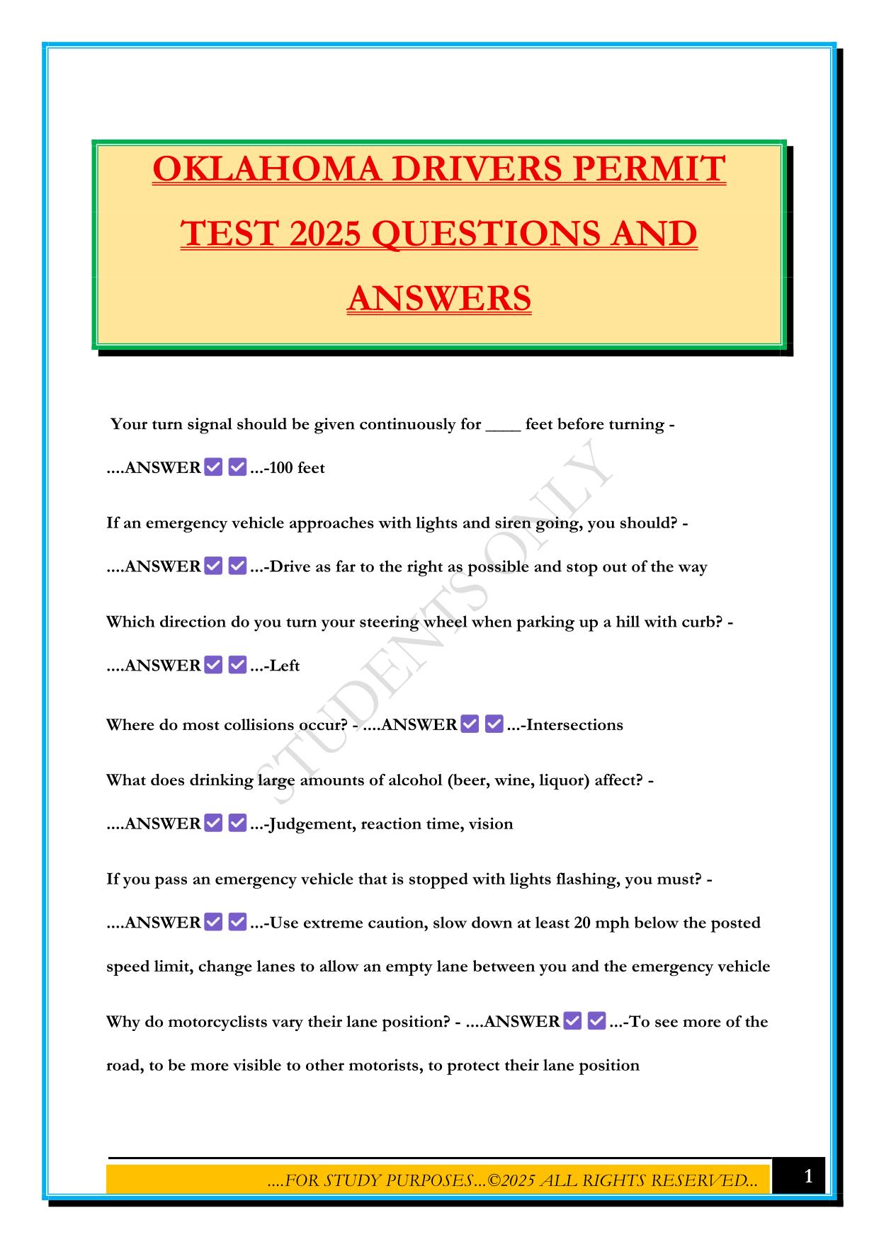 OKLAHOMA DRIVERS PERMIT TEST 2025 QUESTIONS AND ANSWERS