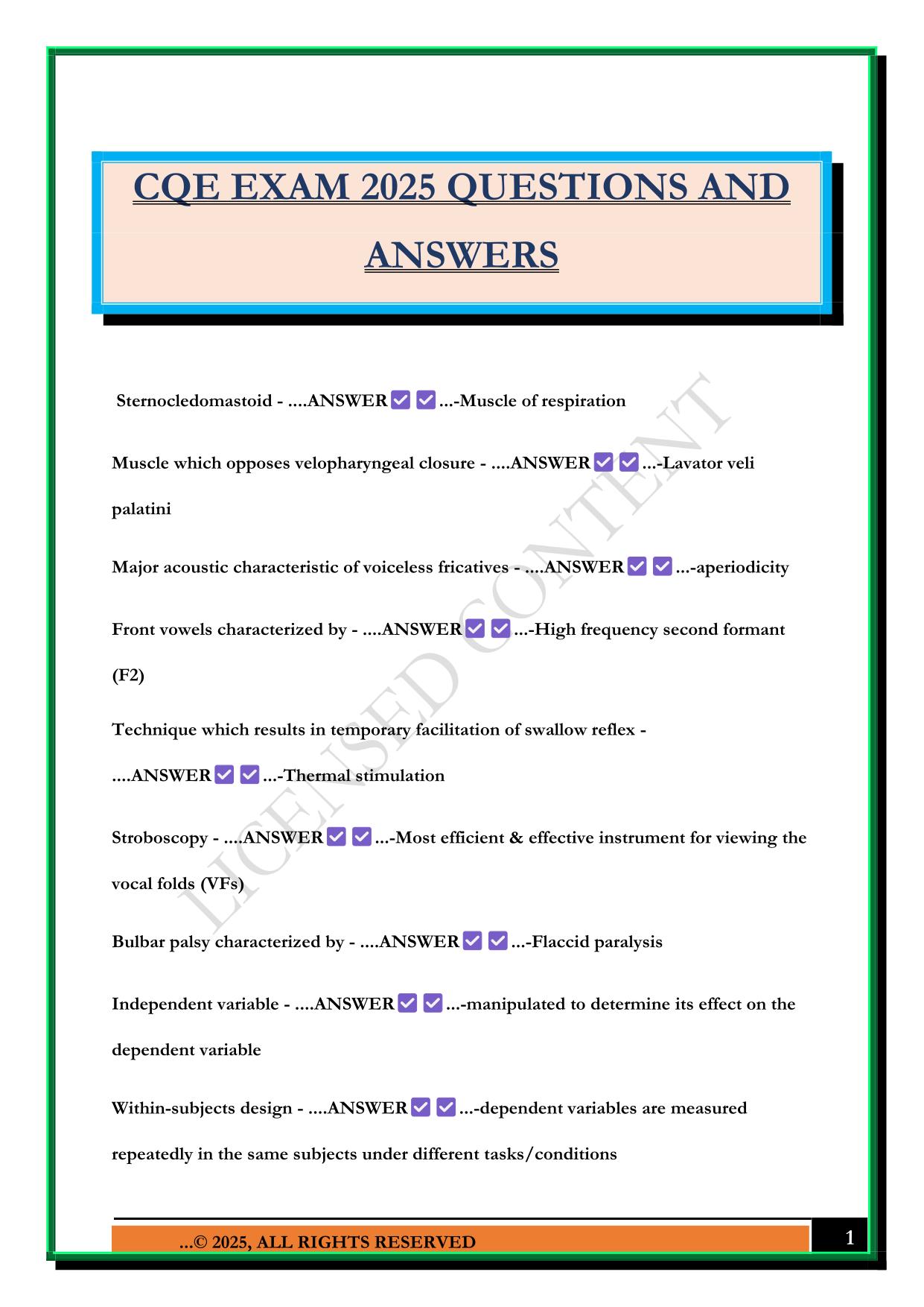 CQE EXAM 2025 QUESTIONS AND ANSWERS