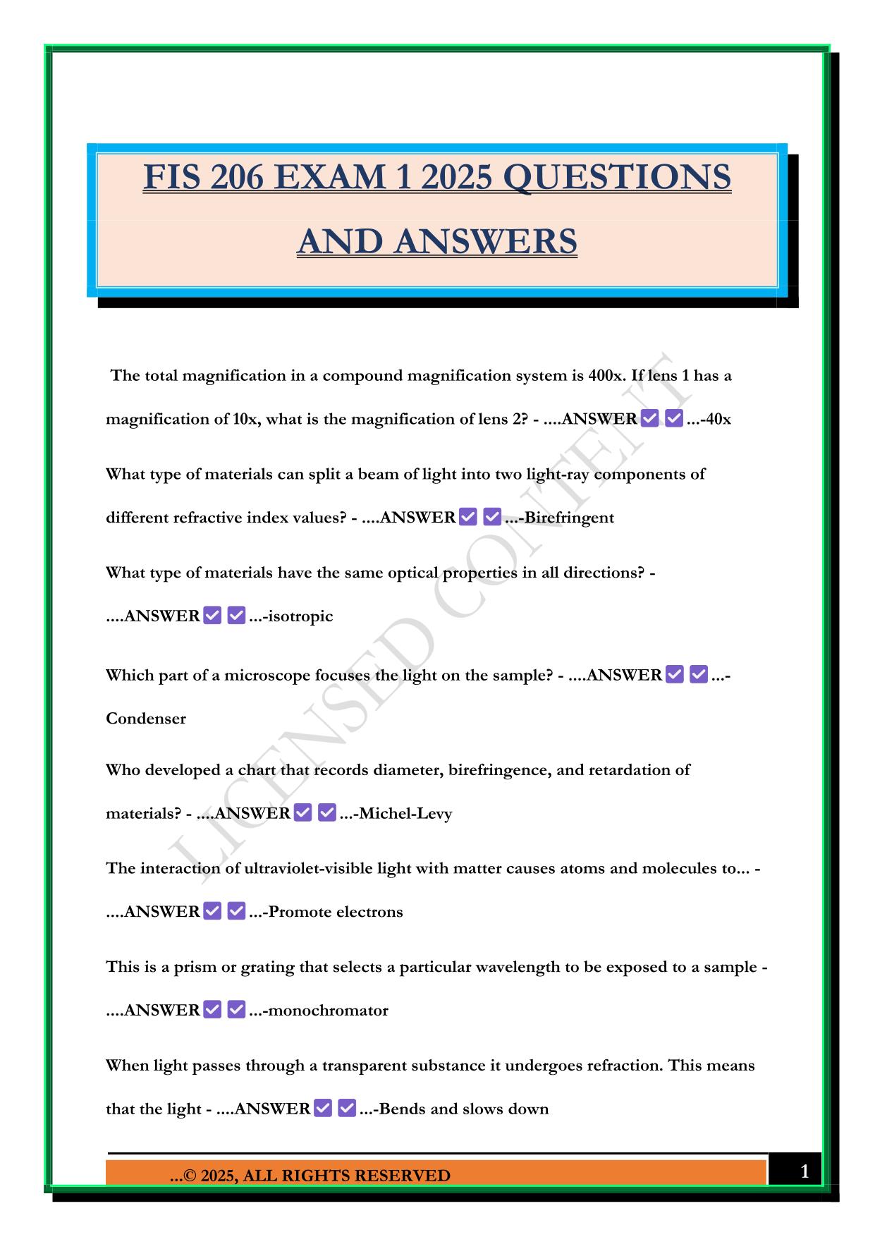 FIS 206 EXAM 1 2025 QUESTIONS AND ANSWERS