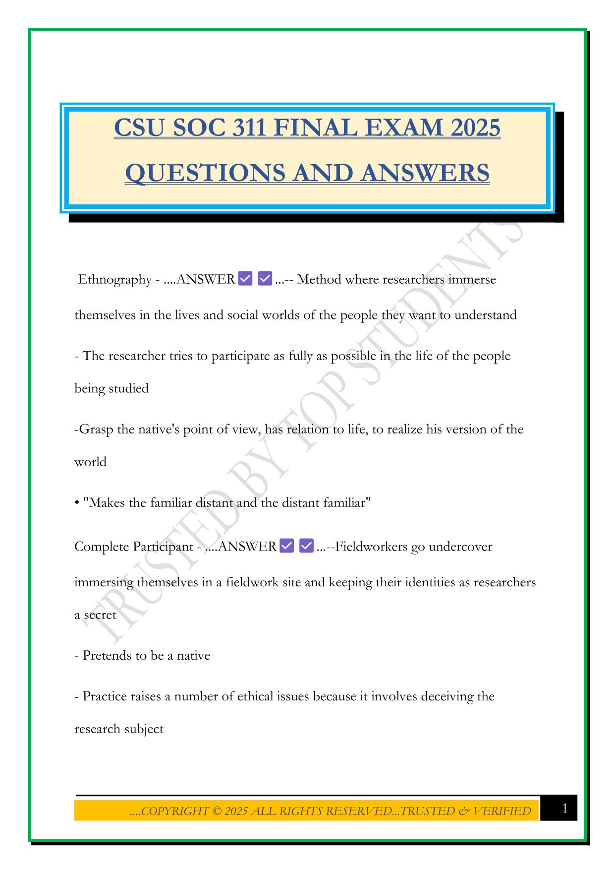 CSU SOC 311 FINAL EXAM 2025 QUESTIONS AND ANSWERS