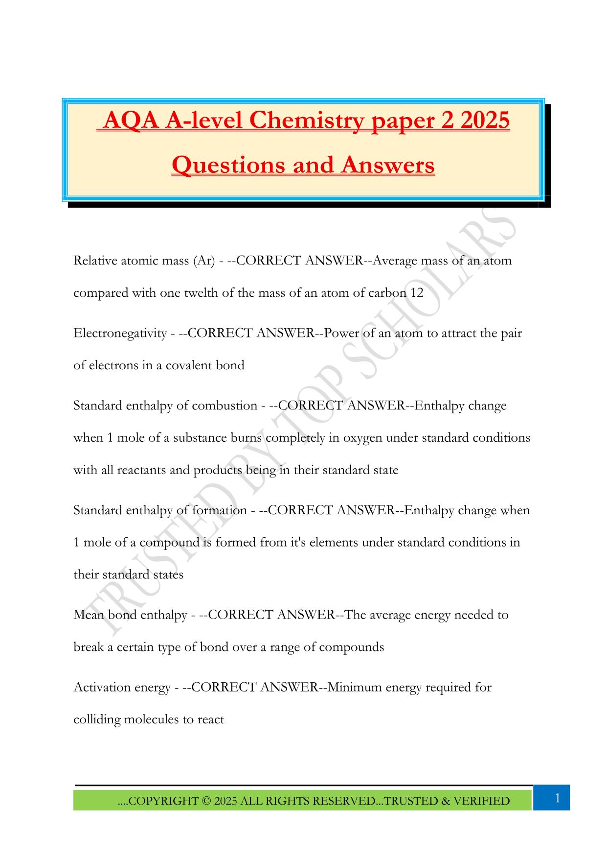AQA A-level Chemistry paper 2 2025 Questions and Answers