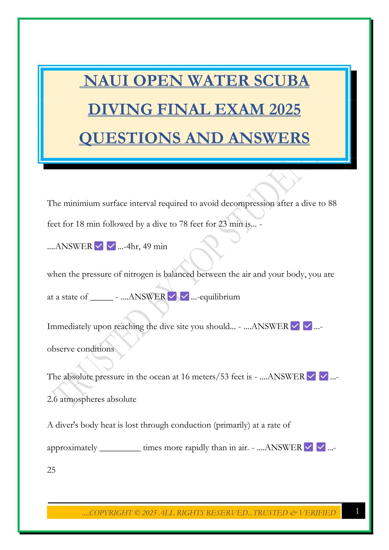 NAUI OPEN WATER SCUBA DIVING FINAL EXAM 2025 QUESTIONS AND ANSWERS