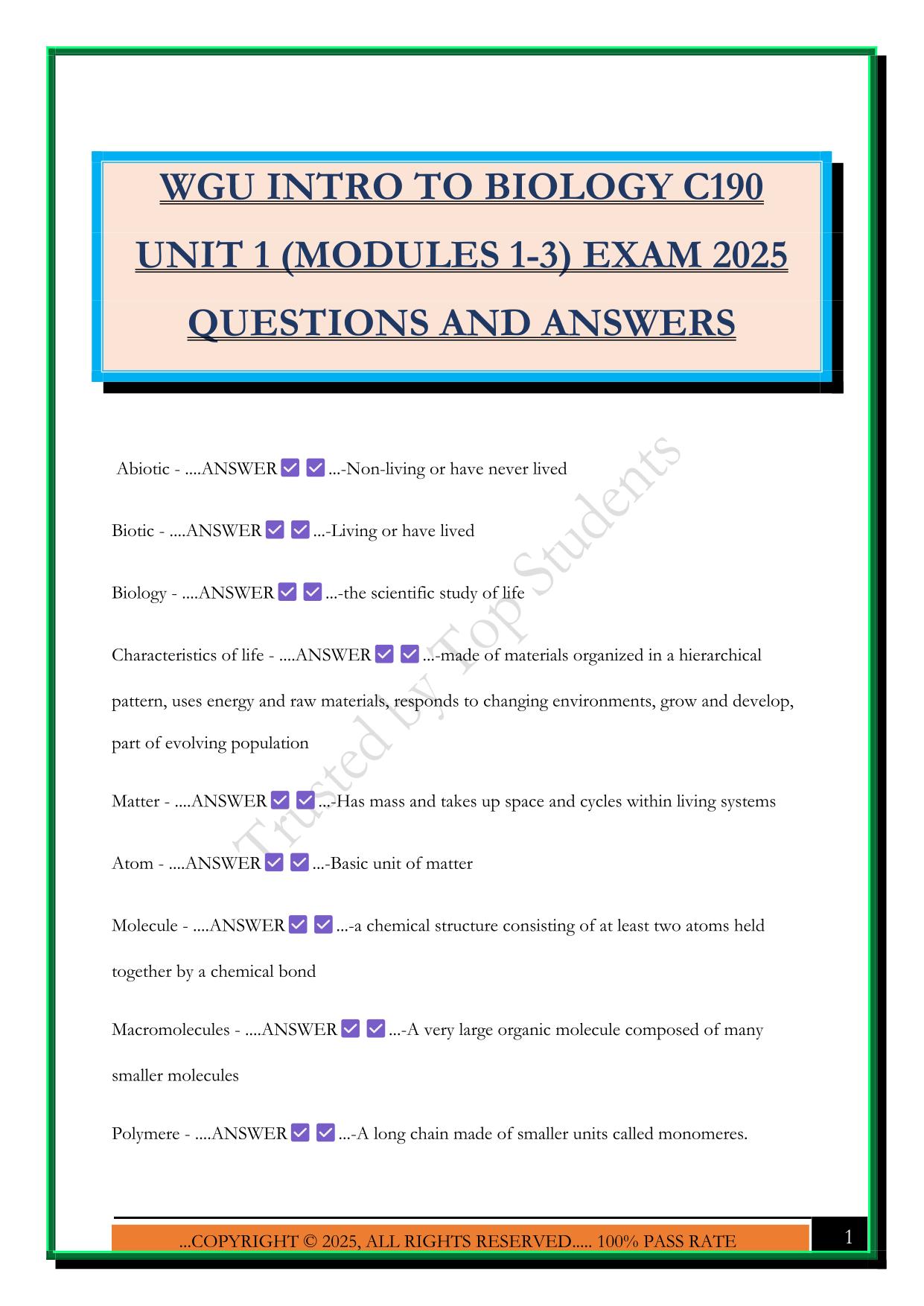 WGU INTRO TO BIOLOGY C190 UNIT 1 (MODULES 1-3) EXAM 2025 QUESTIONS AND ANSWERS