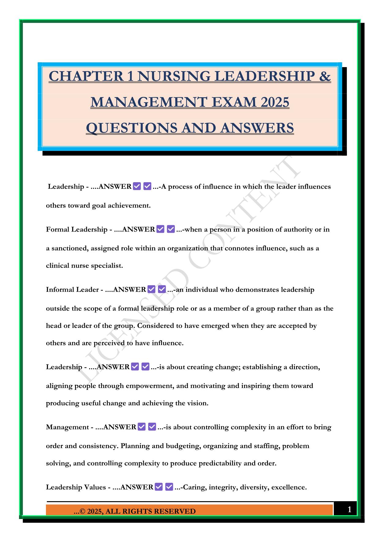 CHAPTER 1 NURSING LEADERSHIP & MANAGEMENT EXAM 2025 QUESTIONS AND ANSWERS