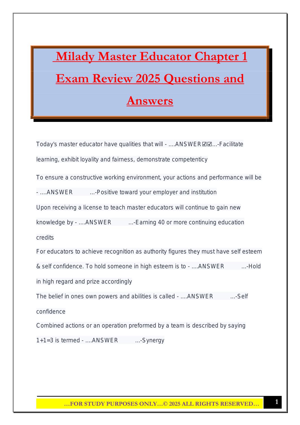 Milady Master Educator Chapter 1 Exam Review 2025 Questions and Answers