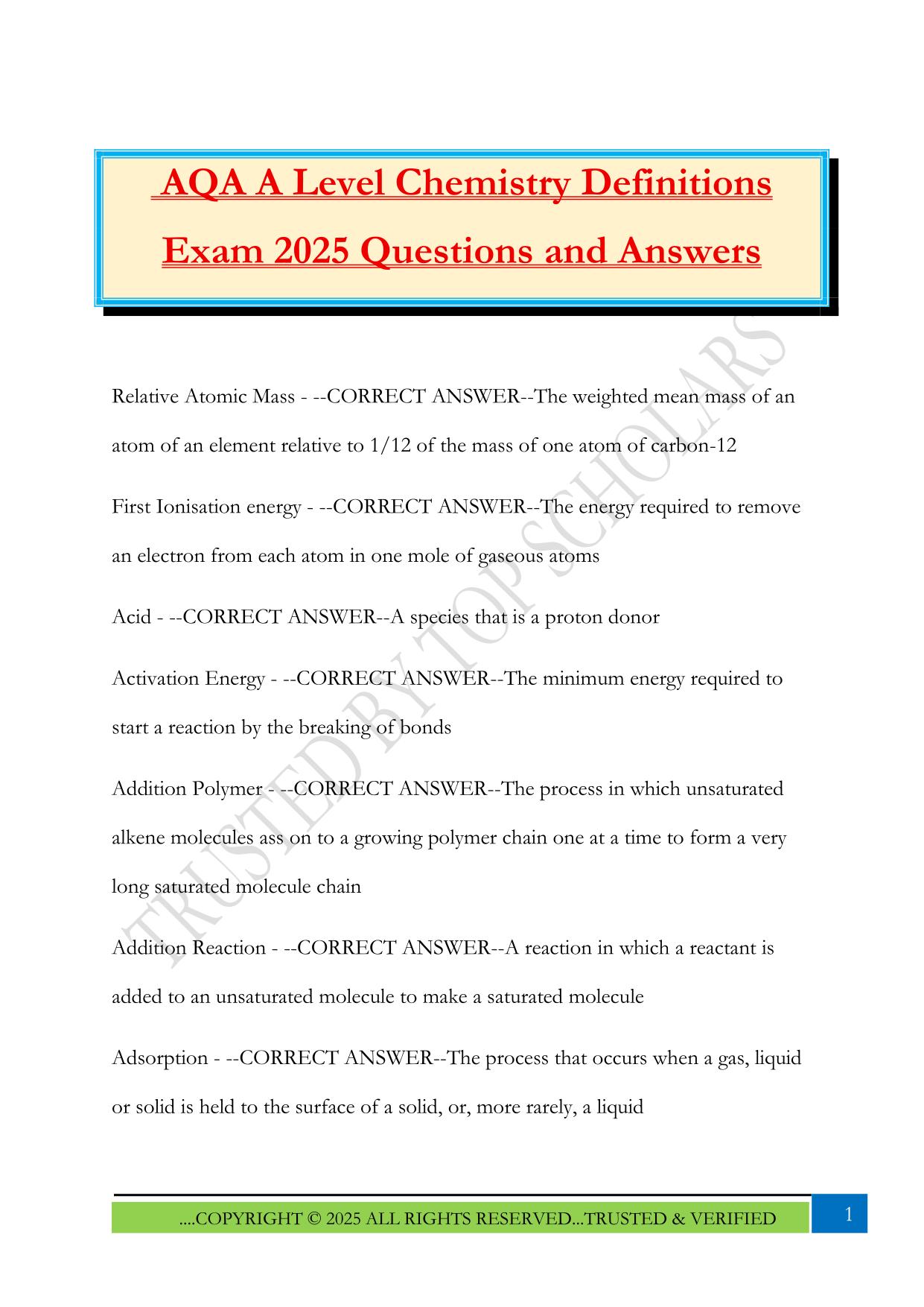 AQA A Level Chemistry Definitions Exam 2025 Questions and Answers