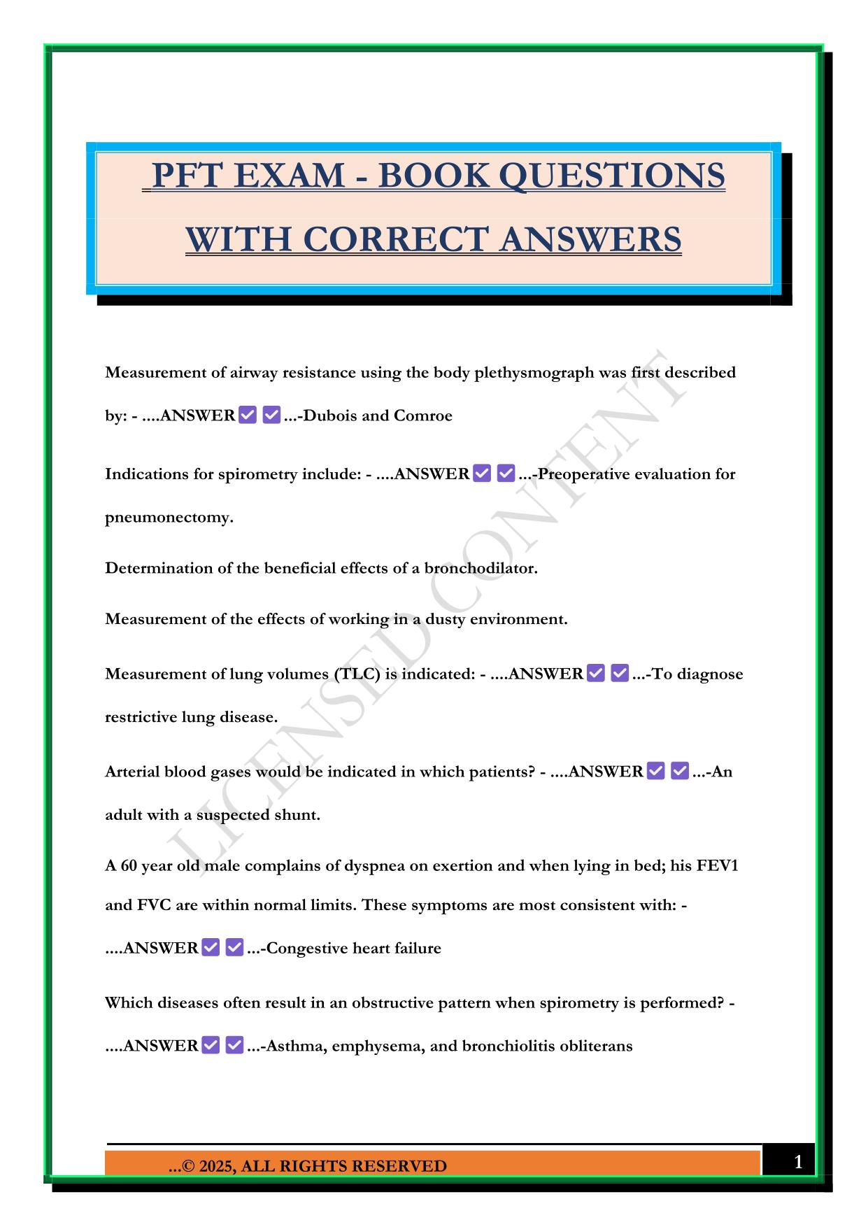 PFT EXAM - BOOK QUESTIONS WITH CORRECT ANSWERS