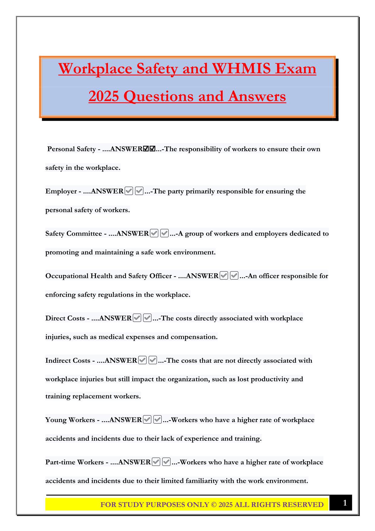 Workplace Safety and WHMIS Exam 2025 Questions and Answers