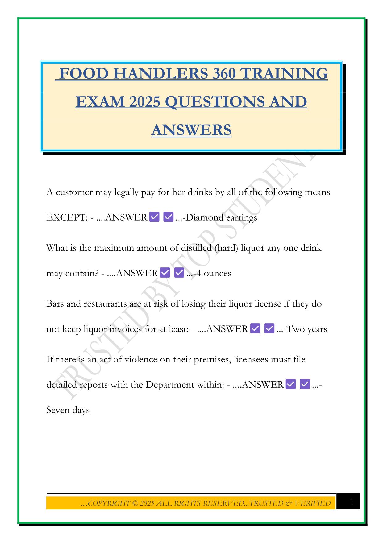 FOOD HANDLERS 360 TRAINING EXAM 2025 QUESTIONS AND ANSWERS