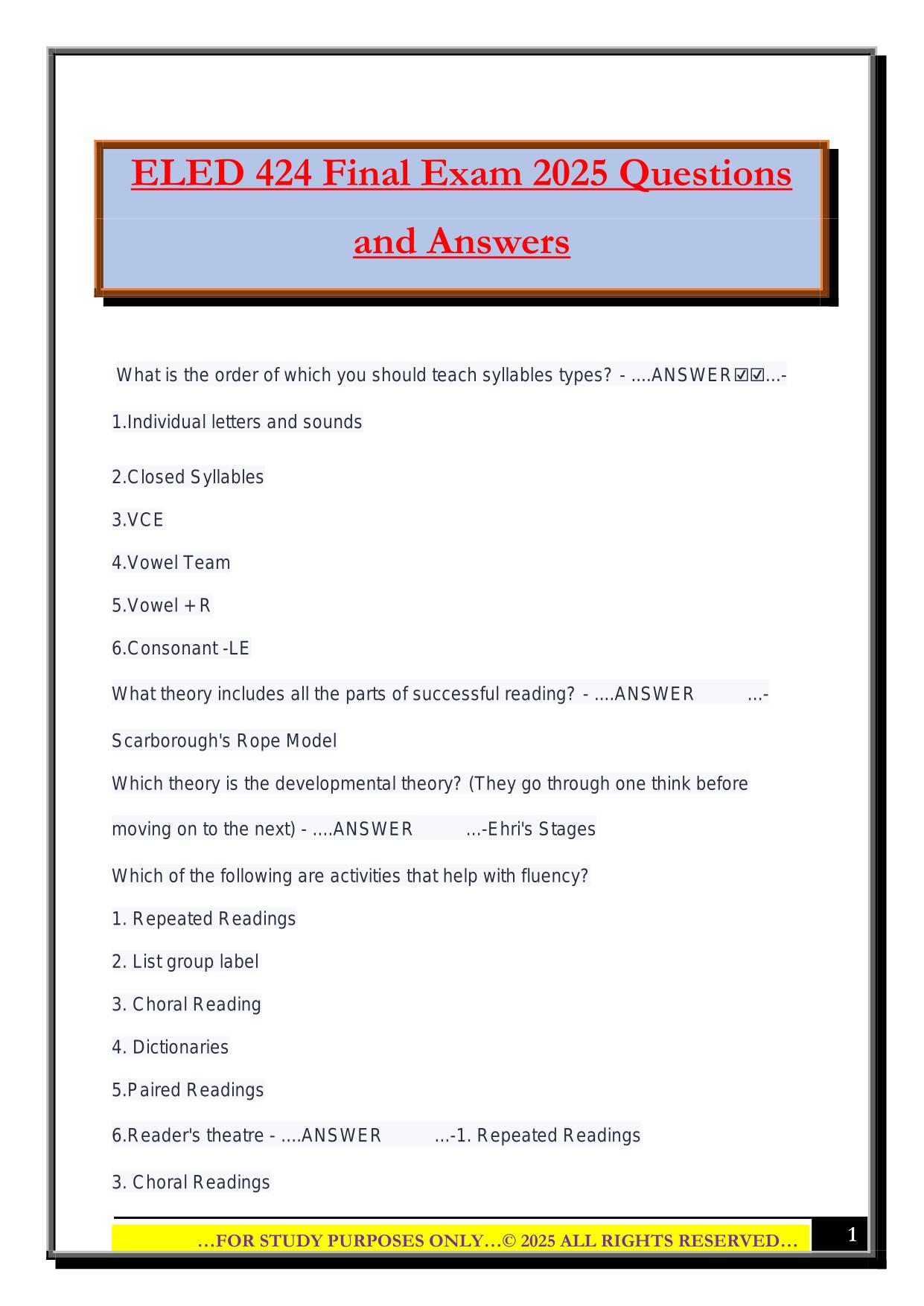 ELED 424 Final Exam 2025 Questions and Answers
