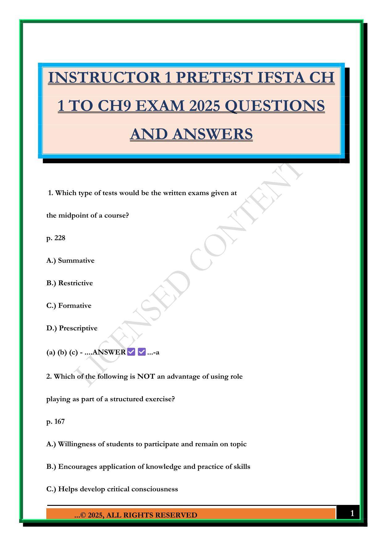 INSTRUCTOR 1 PRETEST IFSTA CH 1 TO CH9 EXAM 2025 QUESTIONS AND ANSWERS