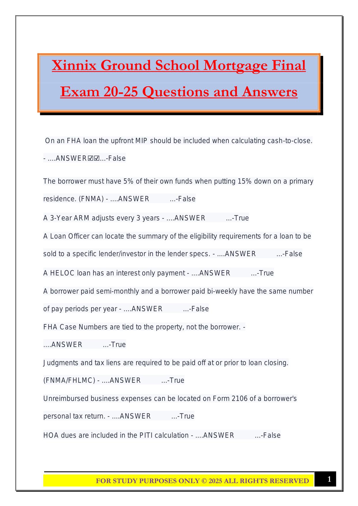 Xinnix Ground School Mortgage Final Exam 20-25 Questions and Answers