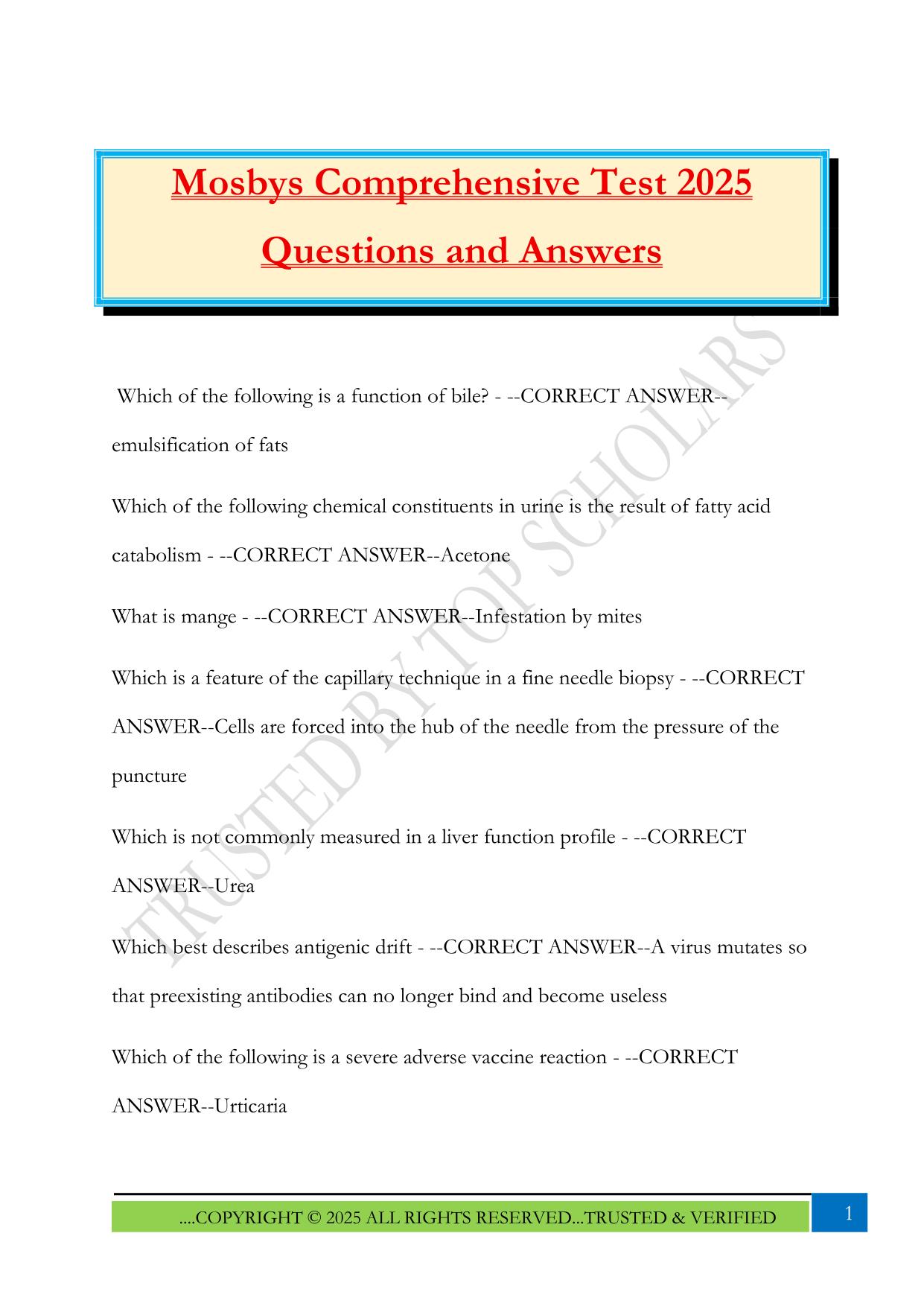 Mosbys Comprehensive Test 2025 Questions and Answers