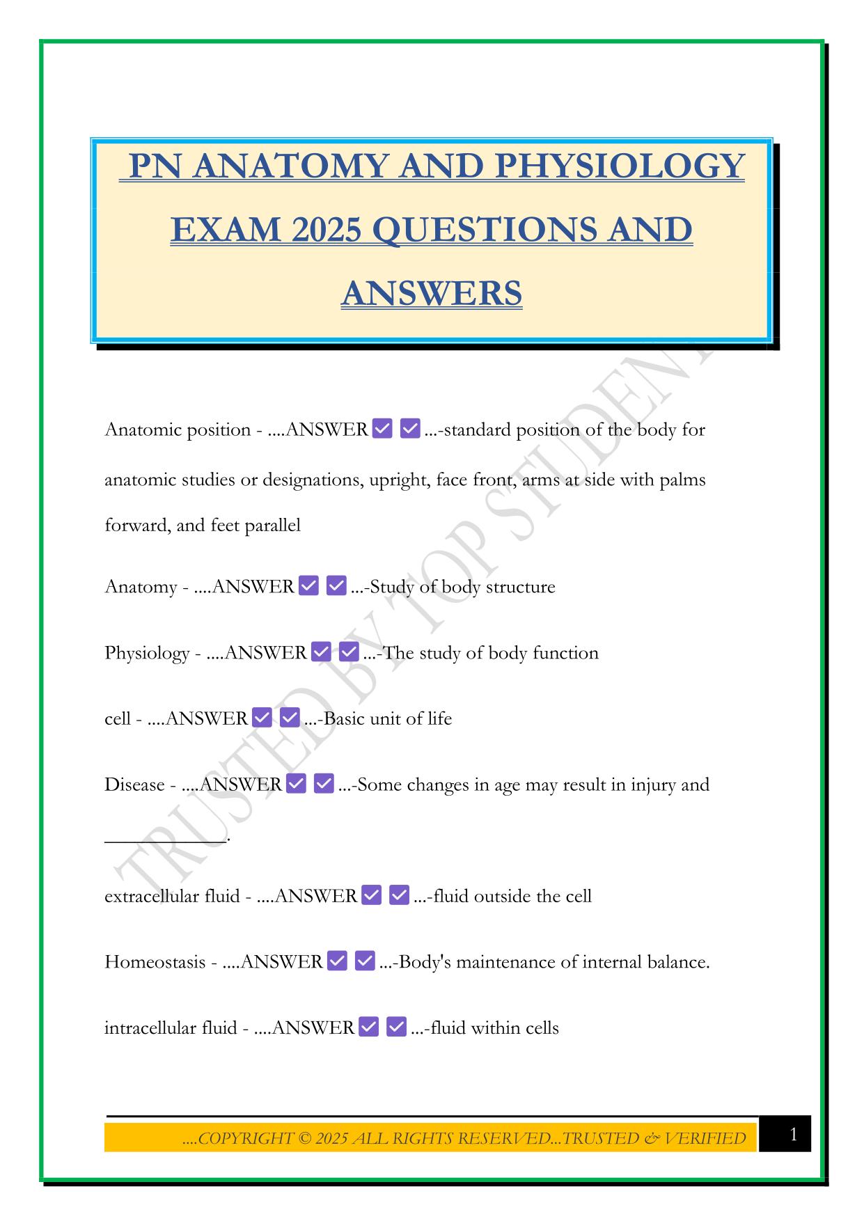 PN ANATOMY AND PHYSIOLOGY EXAM 2025 QUESTIONS AND ANSWERS