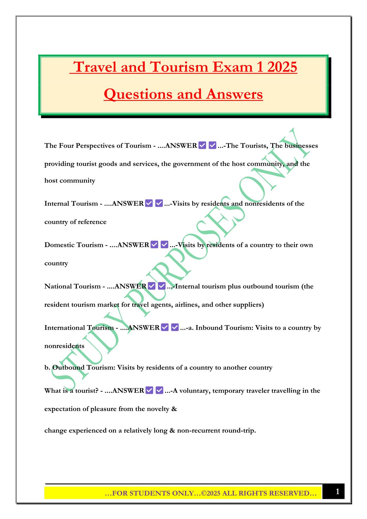 Travel and Tourism Exam 1 2025 Questions and Answers