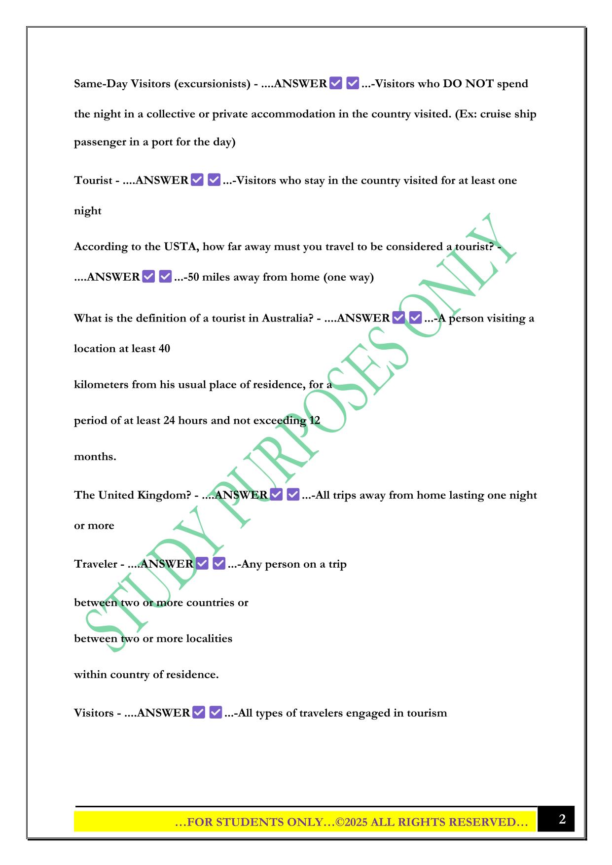 Travel and Tourism Exam 1 2025 Questions and Answers