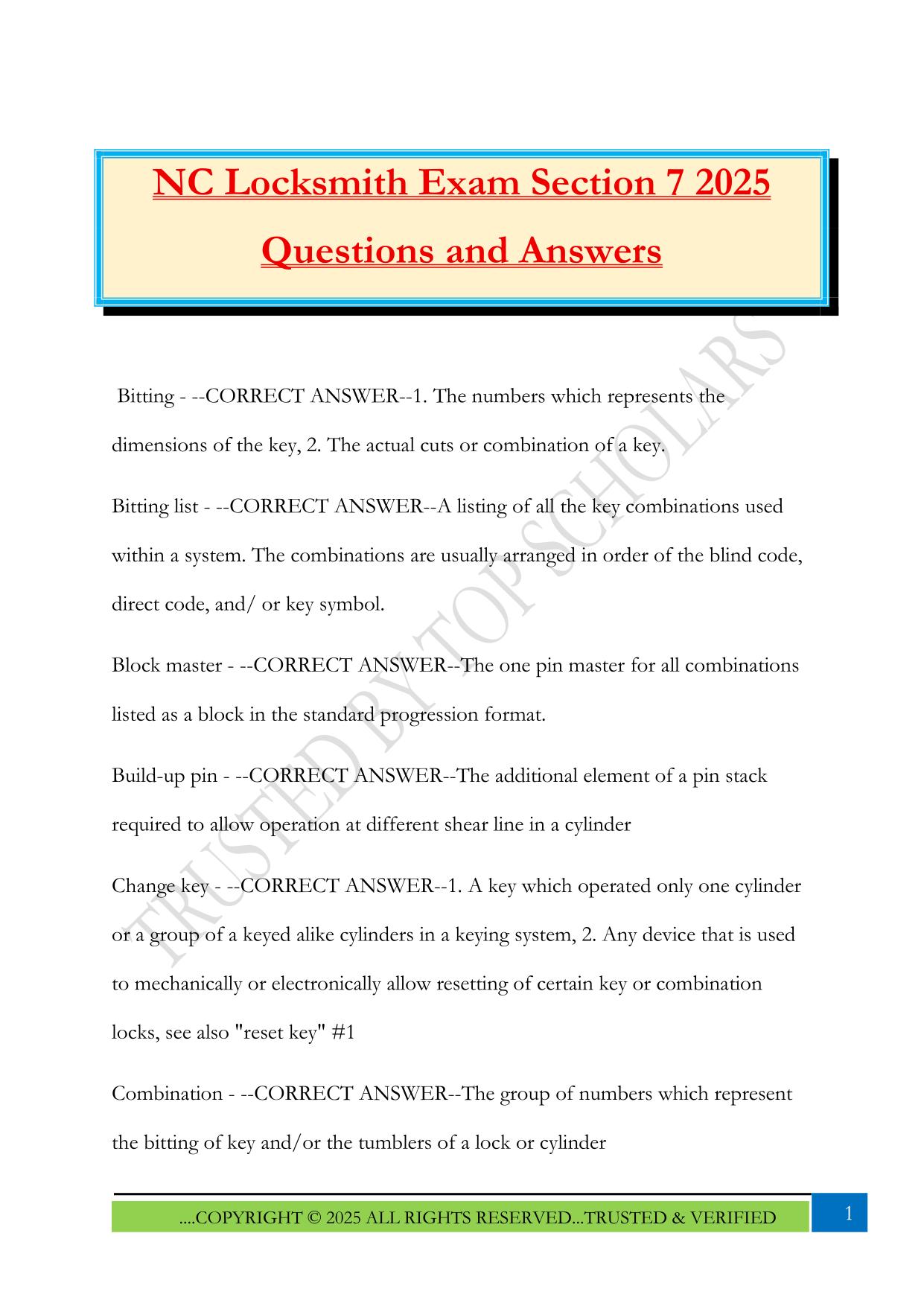 NC Locksmith Exam Section 7 2025 Questions and Answers