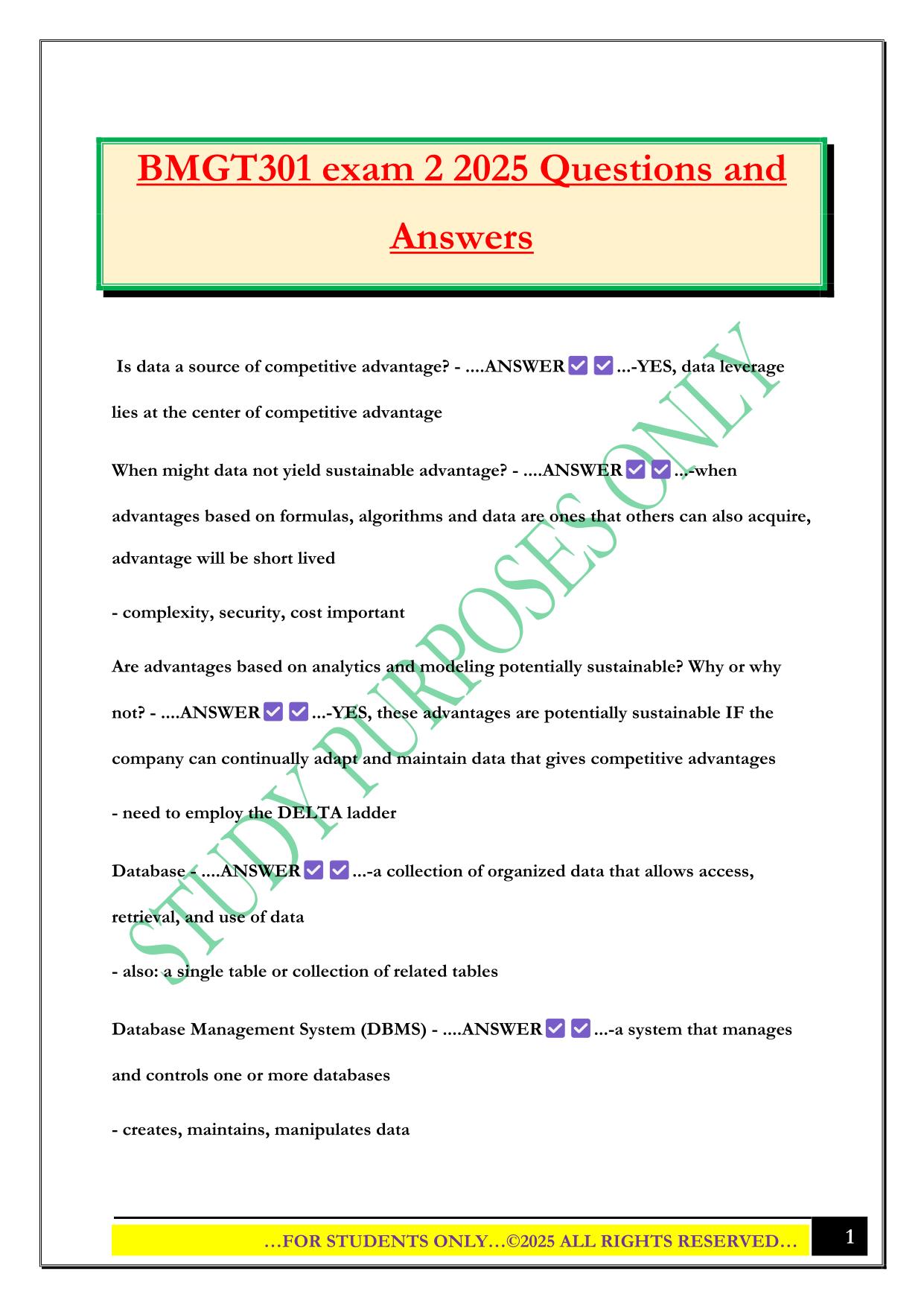 BMGT301 exam 2 2025 Questions and Answers
