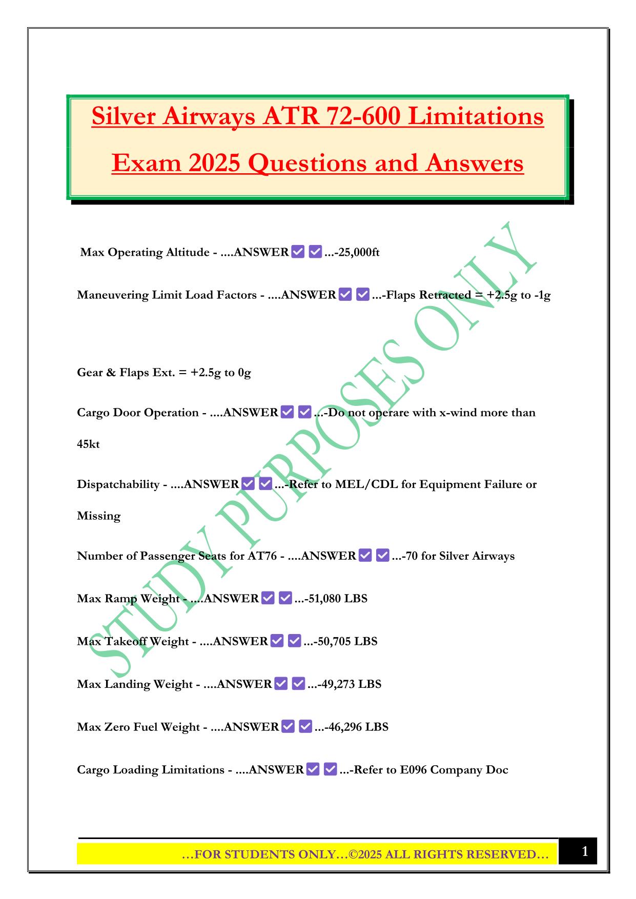 Silver Airways ATR 72-600 Limitations Exam 2025 Questions and Answers