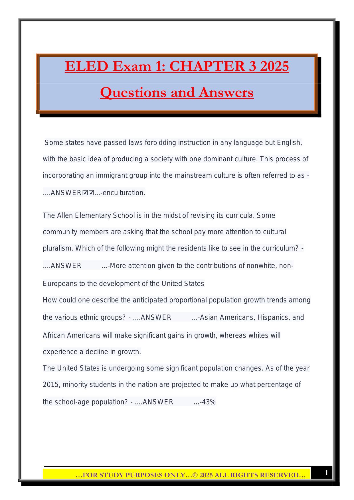 ELED Exam 1: CHAPTER 3 2025 Questions and Answers