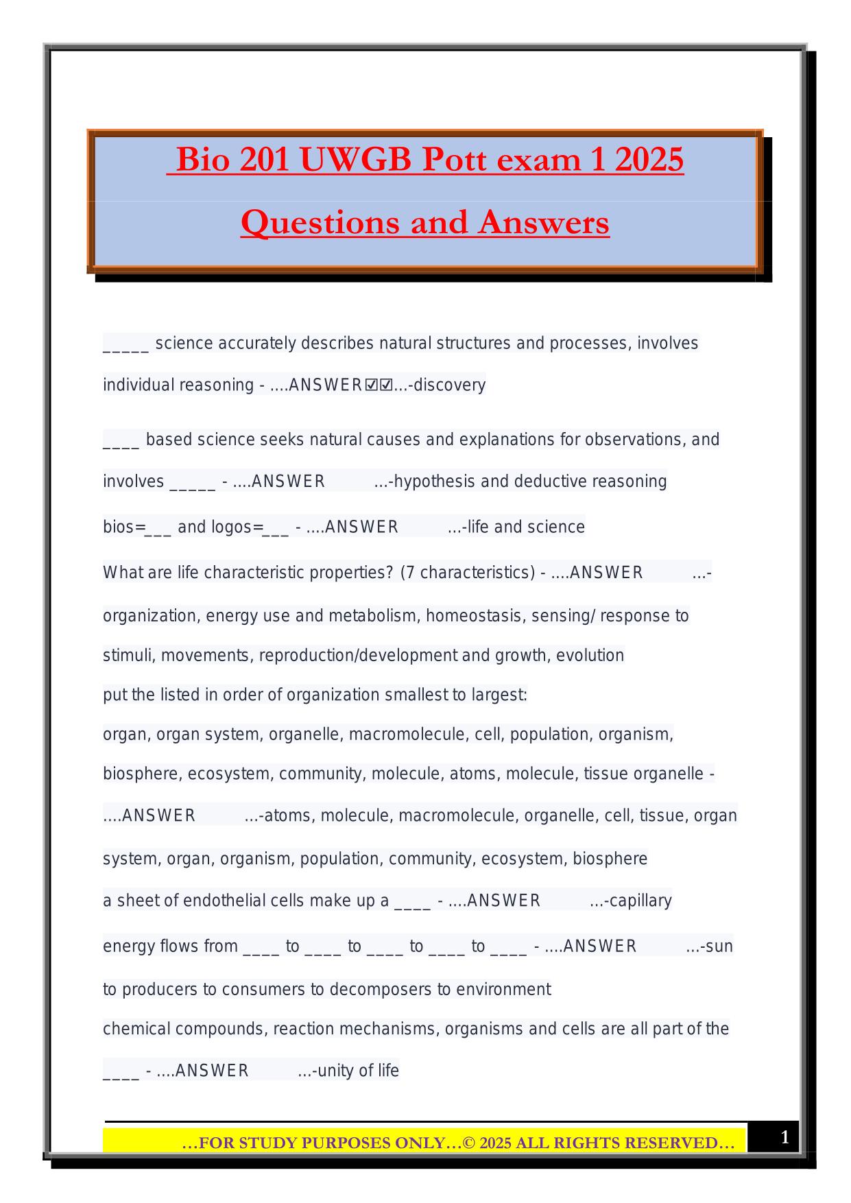 Bio 201 UWGB Pott exam 1 2025 Questions and Answers