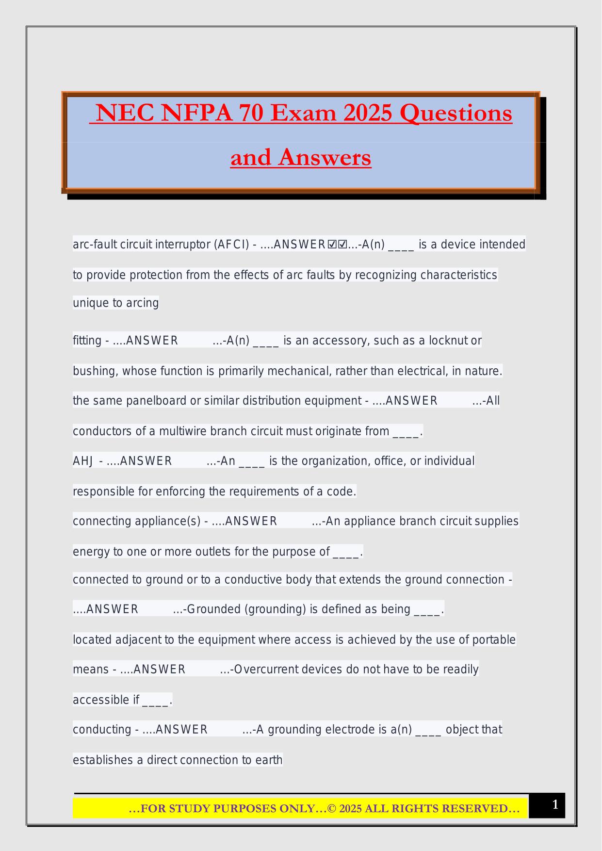 NEC NFPA 70 Exam 2025 Questions and Answers