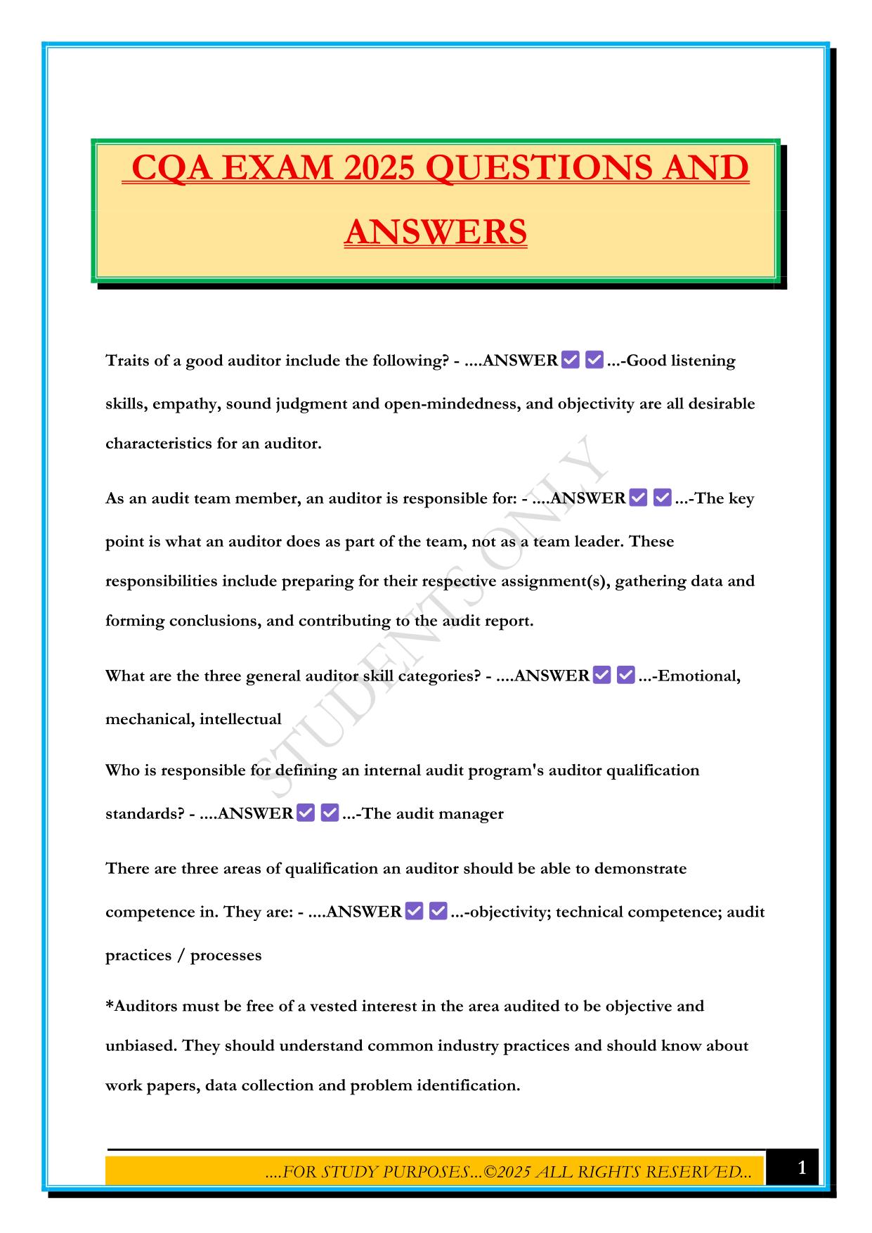 CQA EXAM 2025 QUESTIONS AND ANSWERS