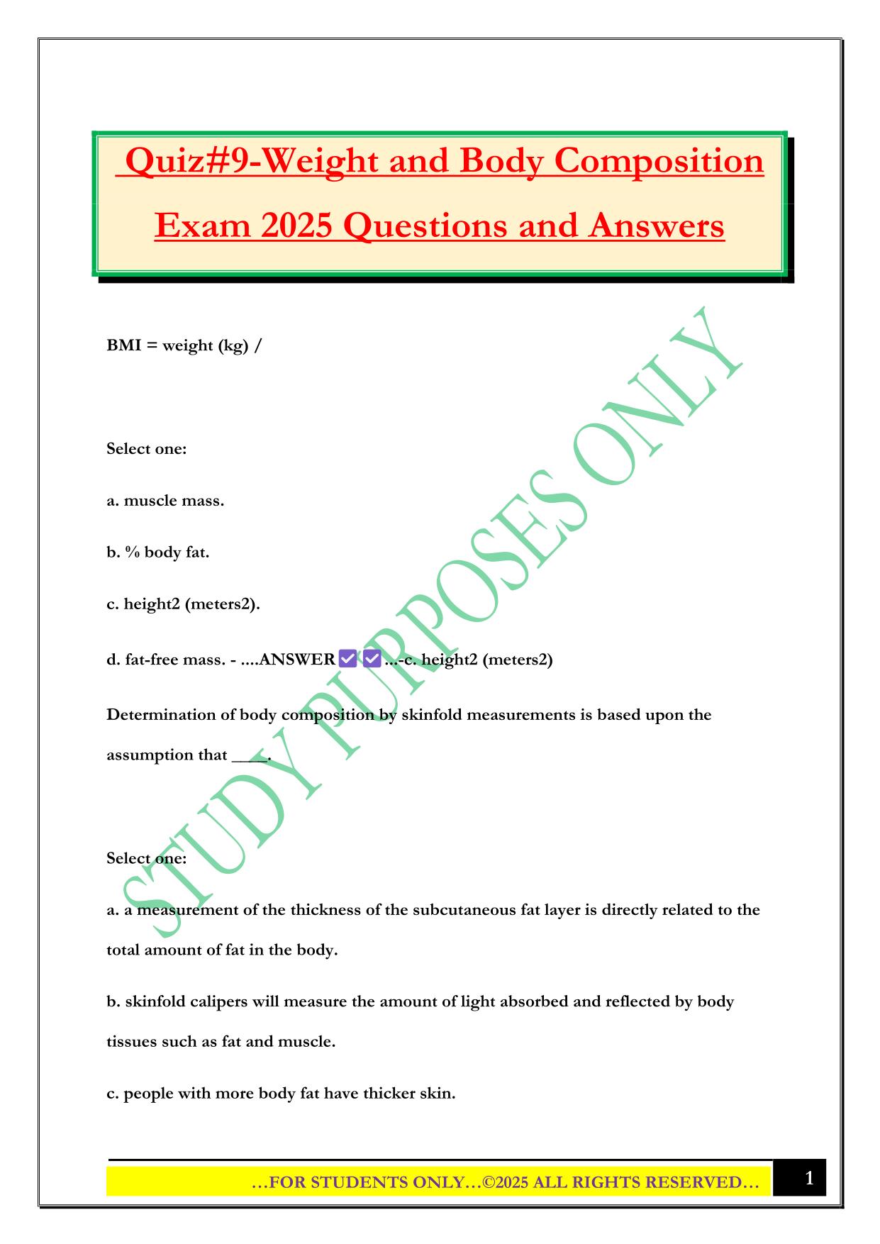 Quiz#9-Weight and Body Composition Exam 2025 Questions and Answers