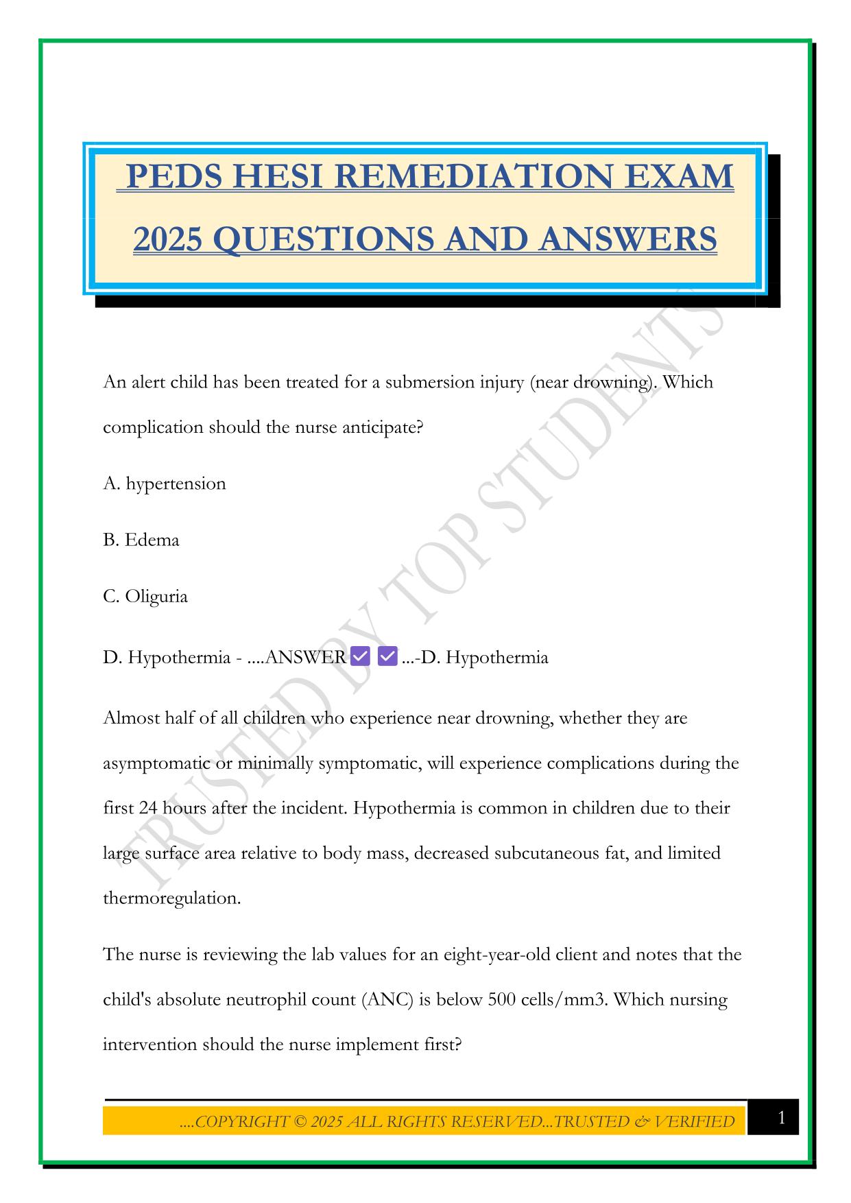 PEDS HESI REMEDIATION EXAM 2025 QUESTIONS AND ANSWERS