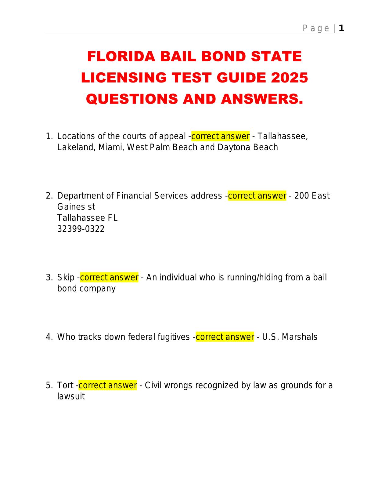 FLORIDA BAIL BOND STATE LICENSING TEST GUIDE 2025 QUESTIONS AND ANSWERS.