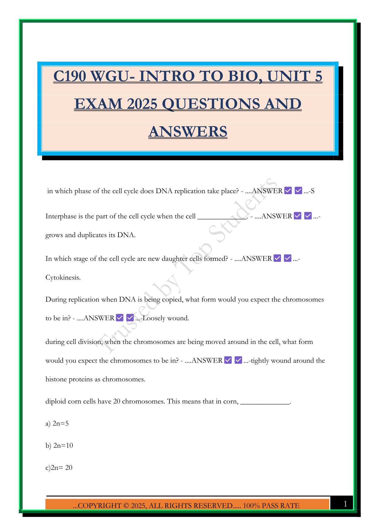 C190 WGU- INTRO TO BIO, UNIT 5 EXAM 2025 QUESTIONS AND ANSWERS