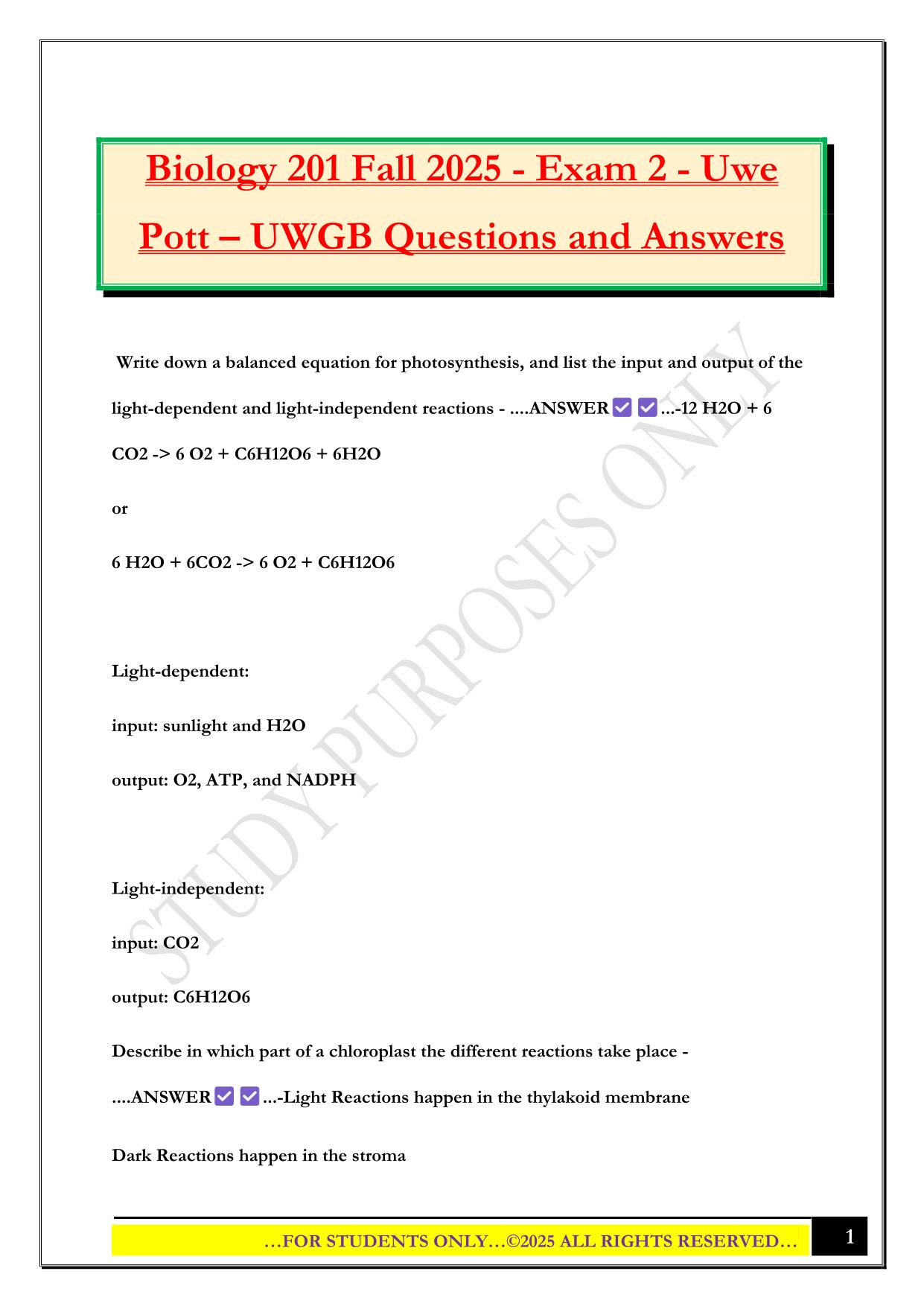 Biology 201 Fall 2025 - Exam 2 - Uwe Pott – UWGB Questions and Answers