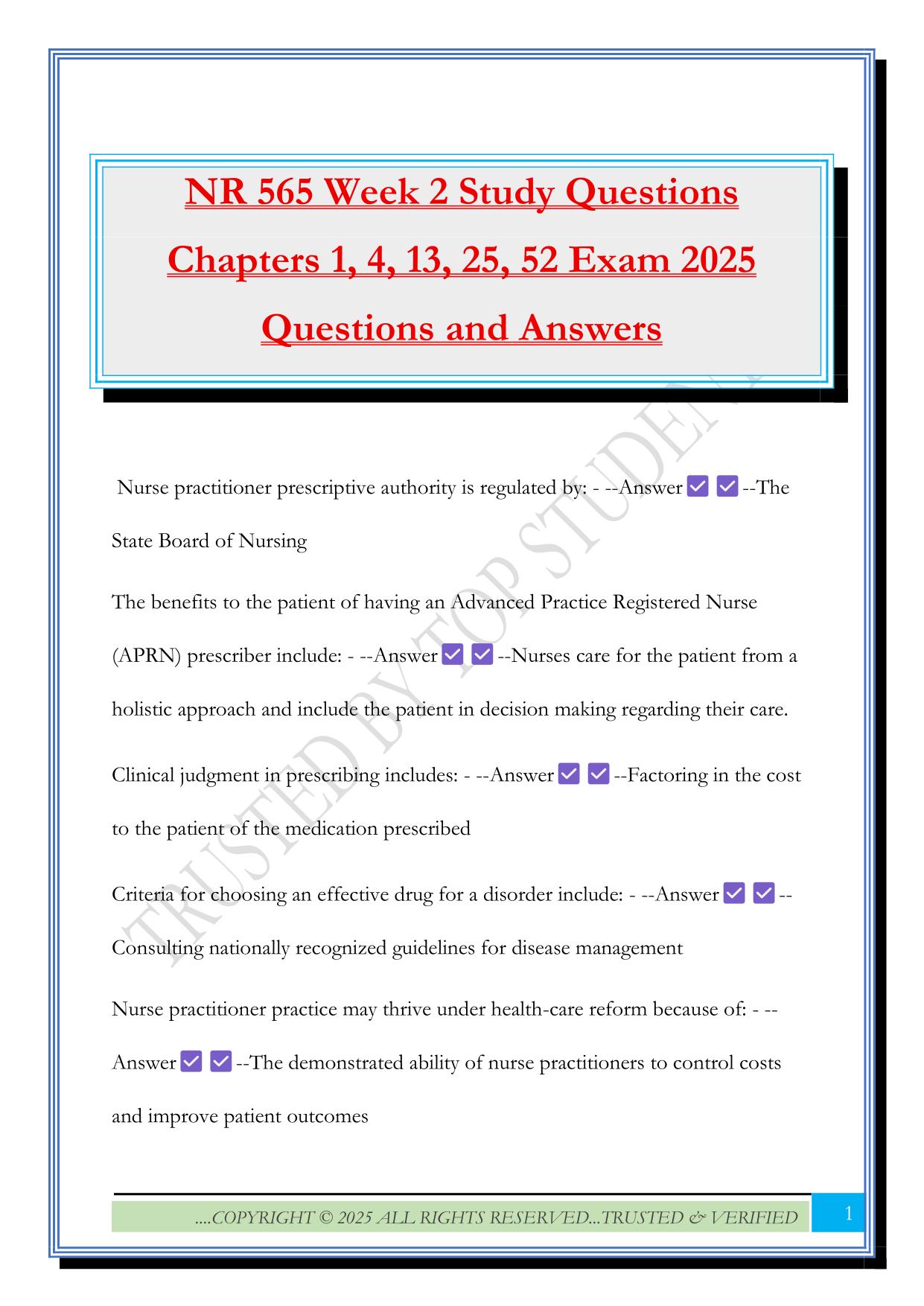NR 565 Week 2 Study Questions Chapters 1, 4, 13, 25, 52 Exam 2025 Questions and Answers