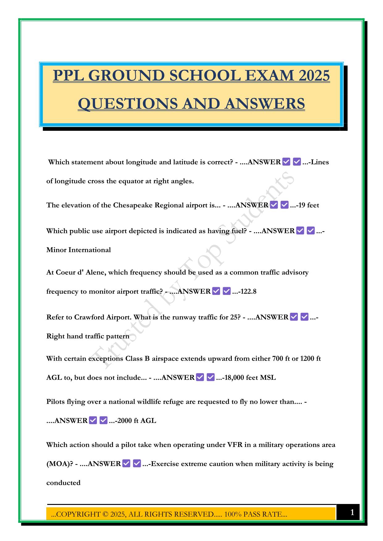 PPL GROUND SCHOOL EXAM 2025 QUESTIONS AND ANSWERS