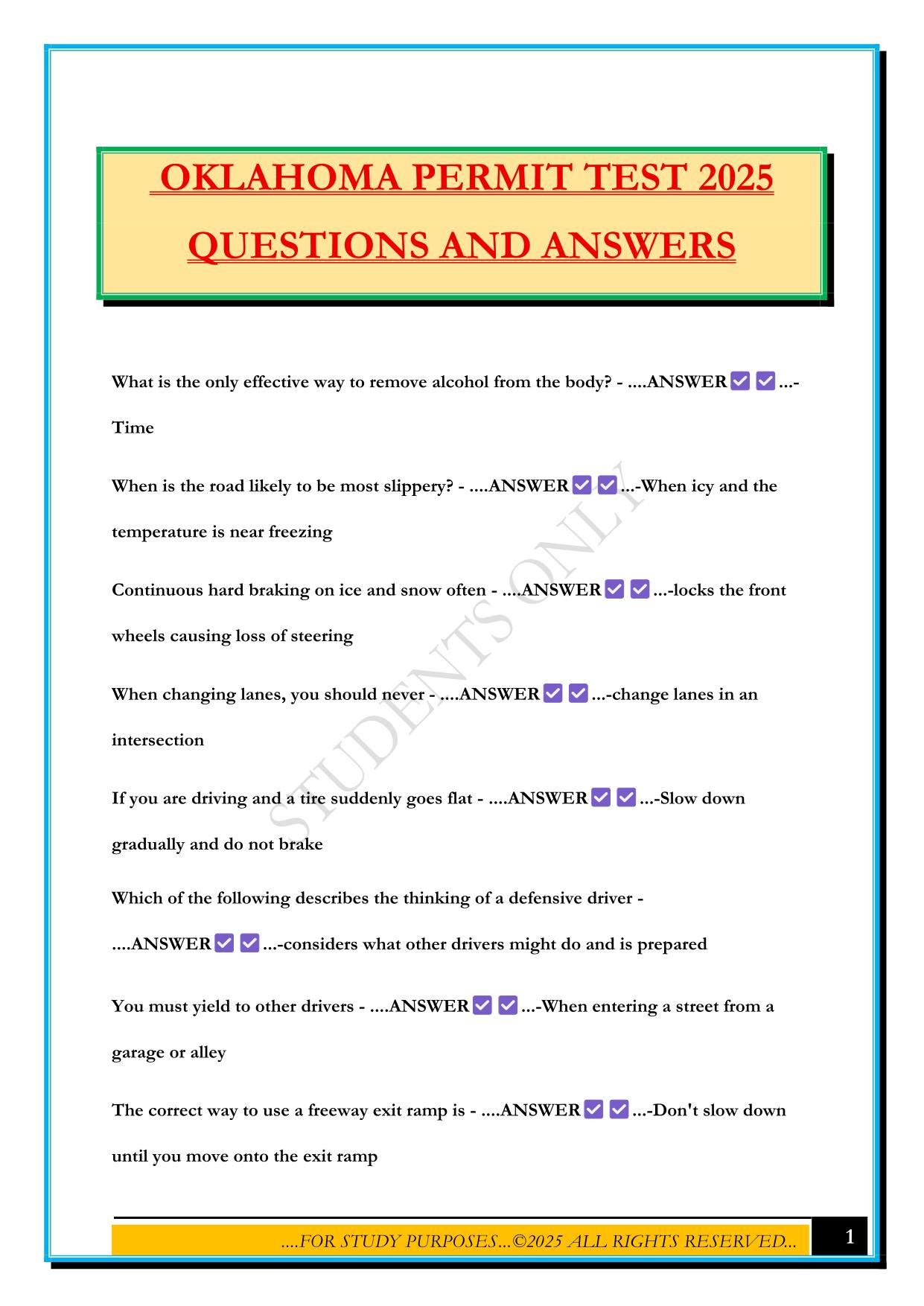 OKLAHOMA PERMIT TEST 2025 QUESTIONS AND ANSWERS