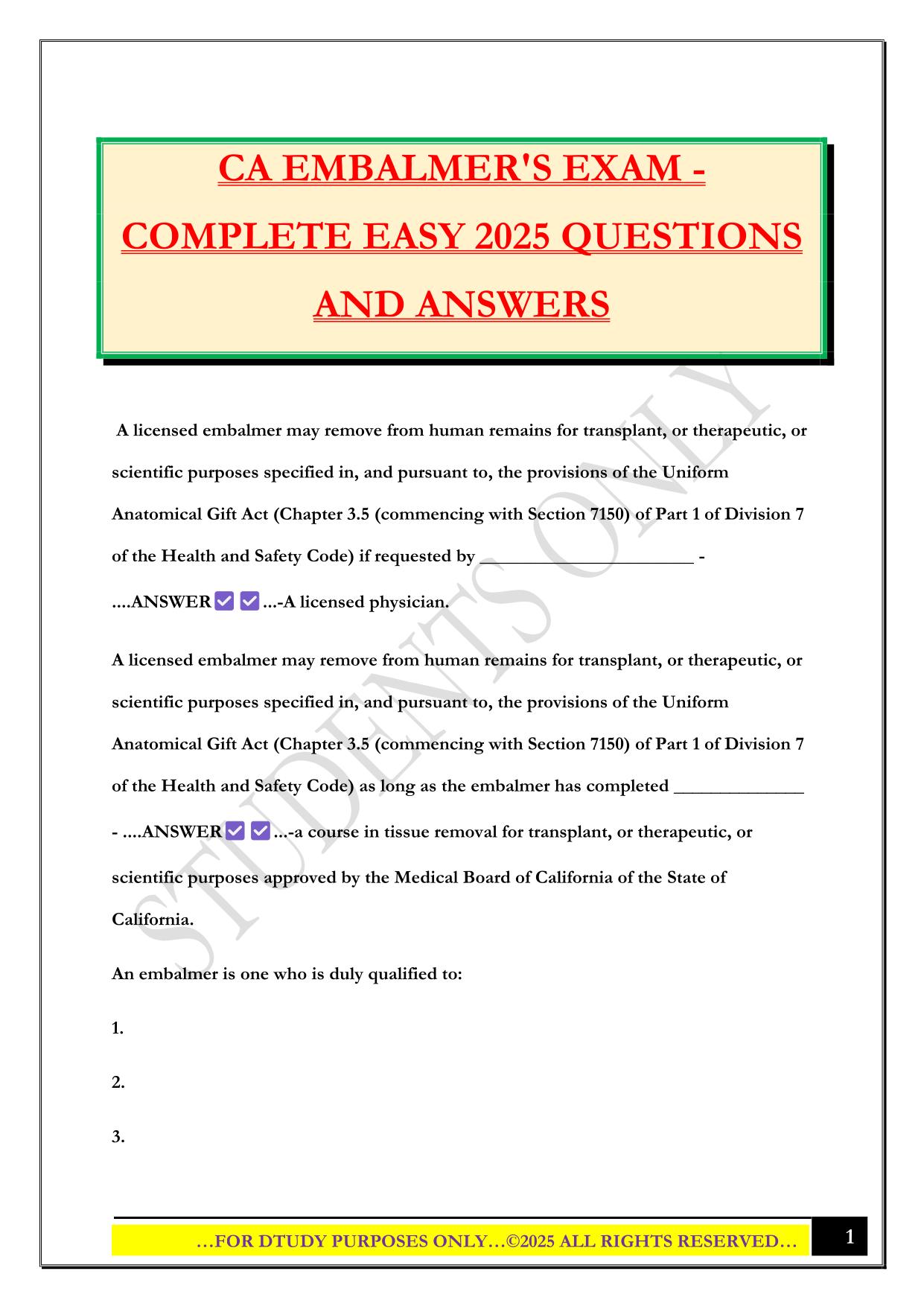 CA EMBALMER'S EXAM - COMPLETE EASY 2025 QUESTIONS AND ANSWERS