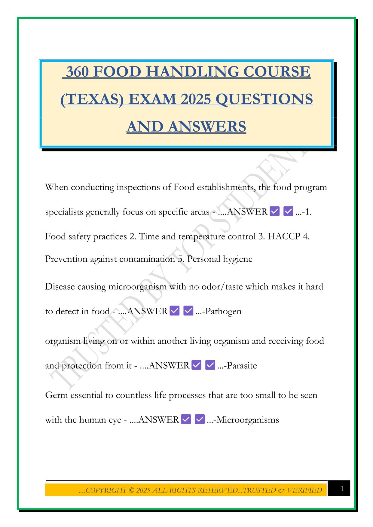 360 FOOD HANDLING COURSE (TEXAS) EXAM 2025 QUESTIONS AND ANSWERS