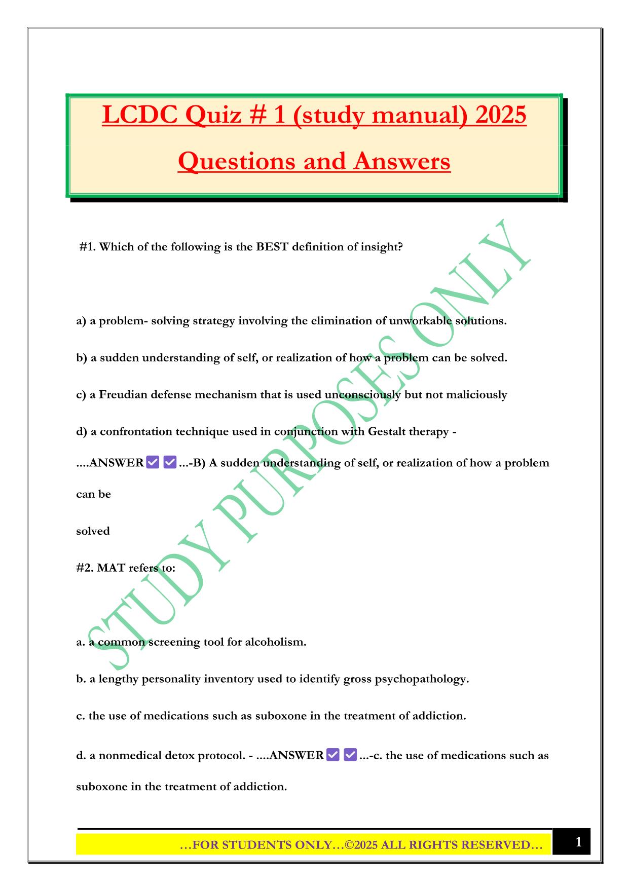 LCDC Quiz # 1 (study manual) 2025 Questions and Answers