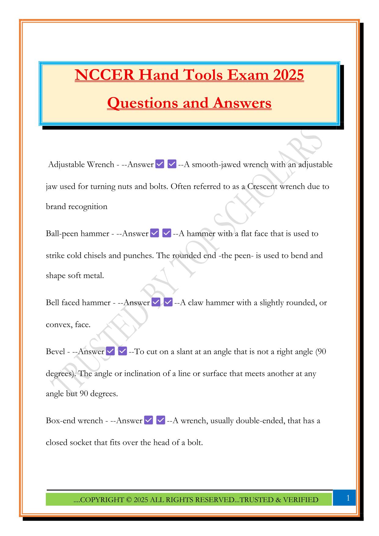 NCCER Hand Tools Exam 2025 Questions and Answers