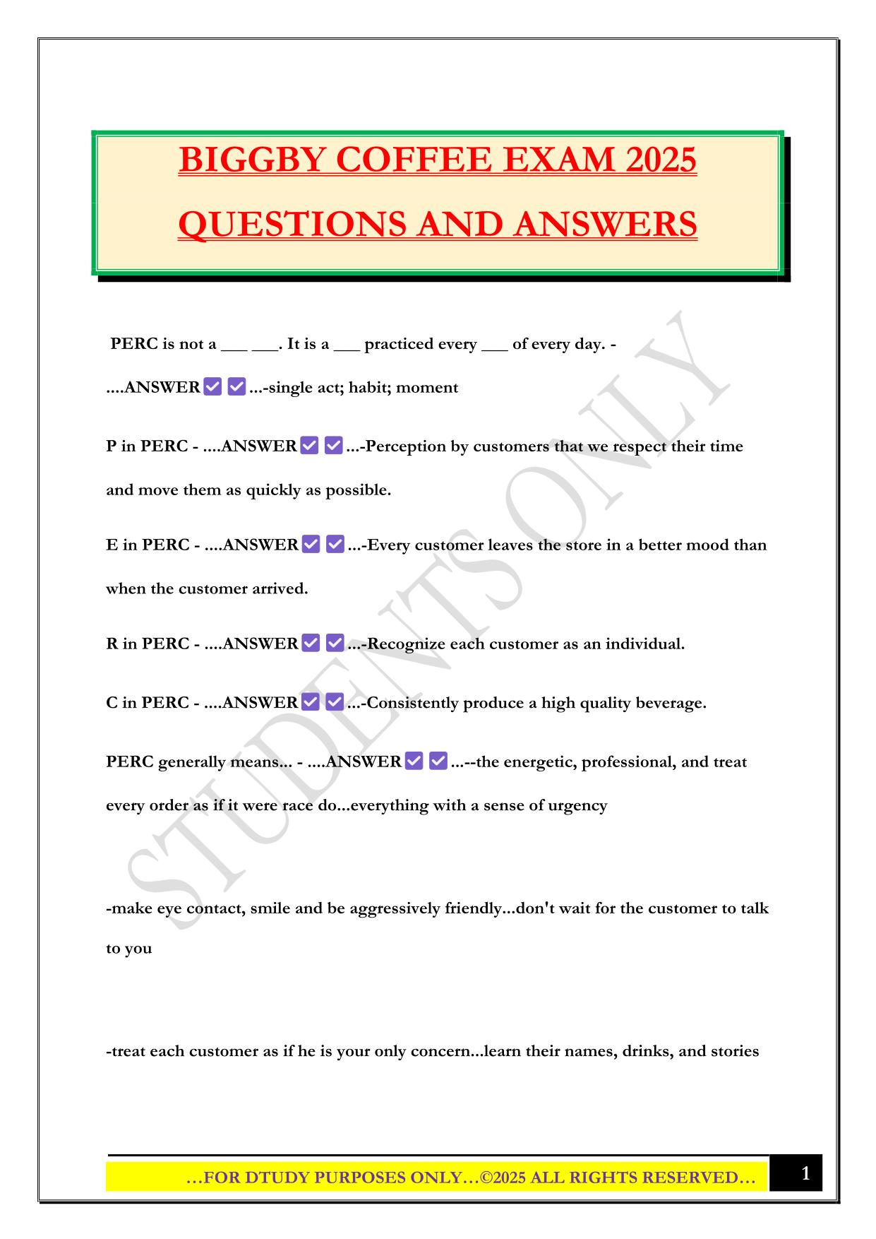 BIGGBY COFFEE EXAM 2025 QUESTIONS AND ANSWERS