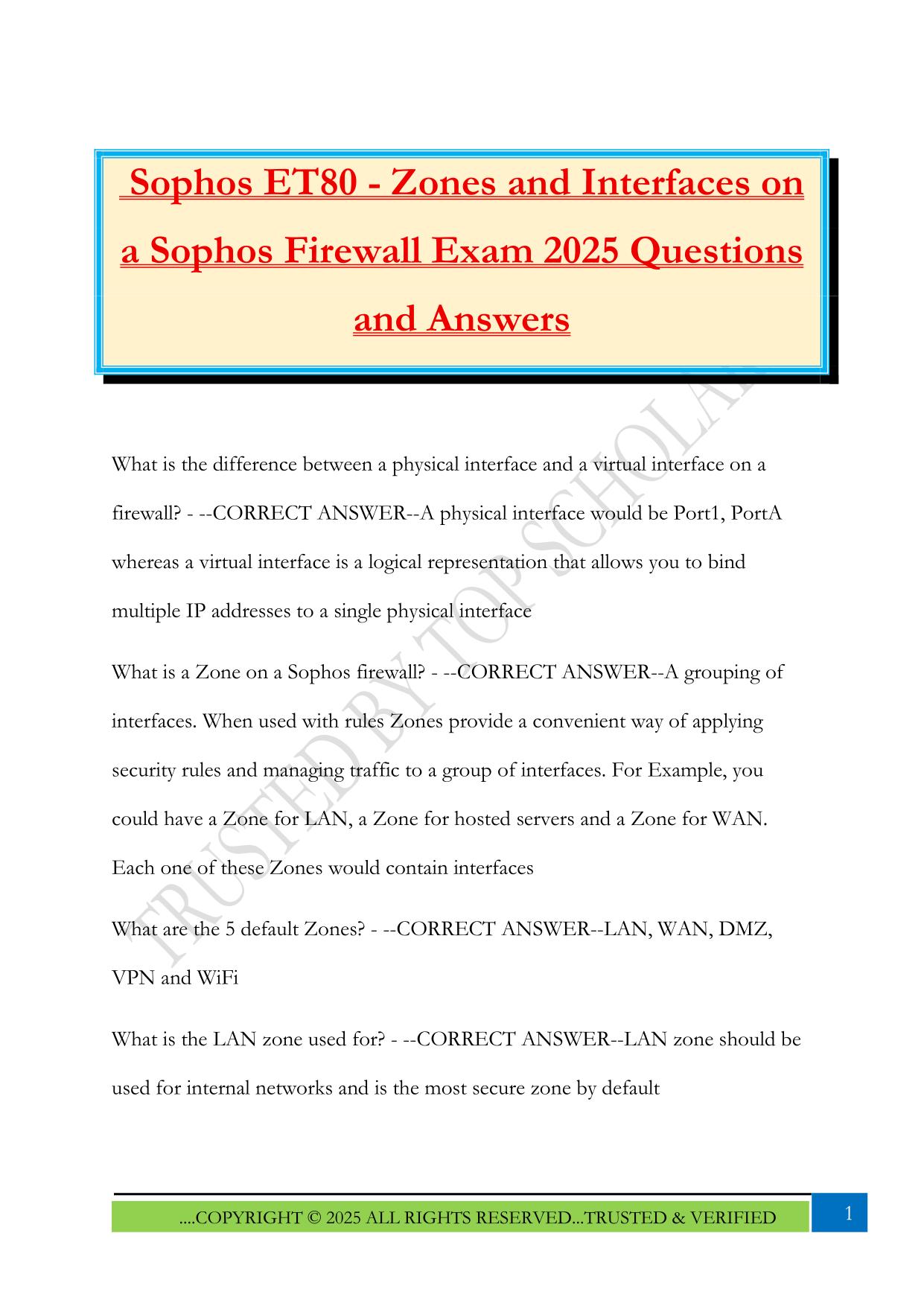 Sophos ET80 - Zones and Interfaces on a Sophos Firewall Exam 2025 Questions and Answers